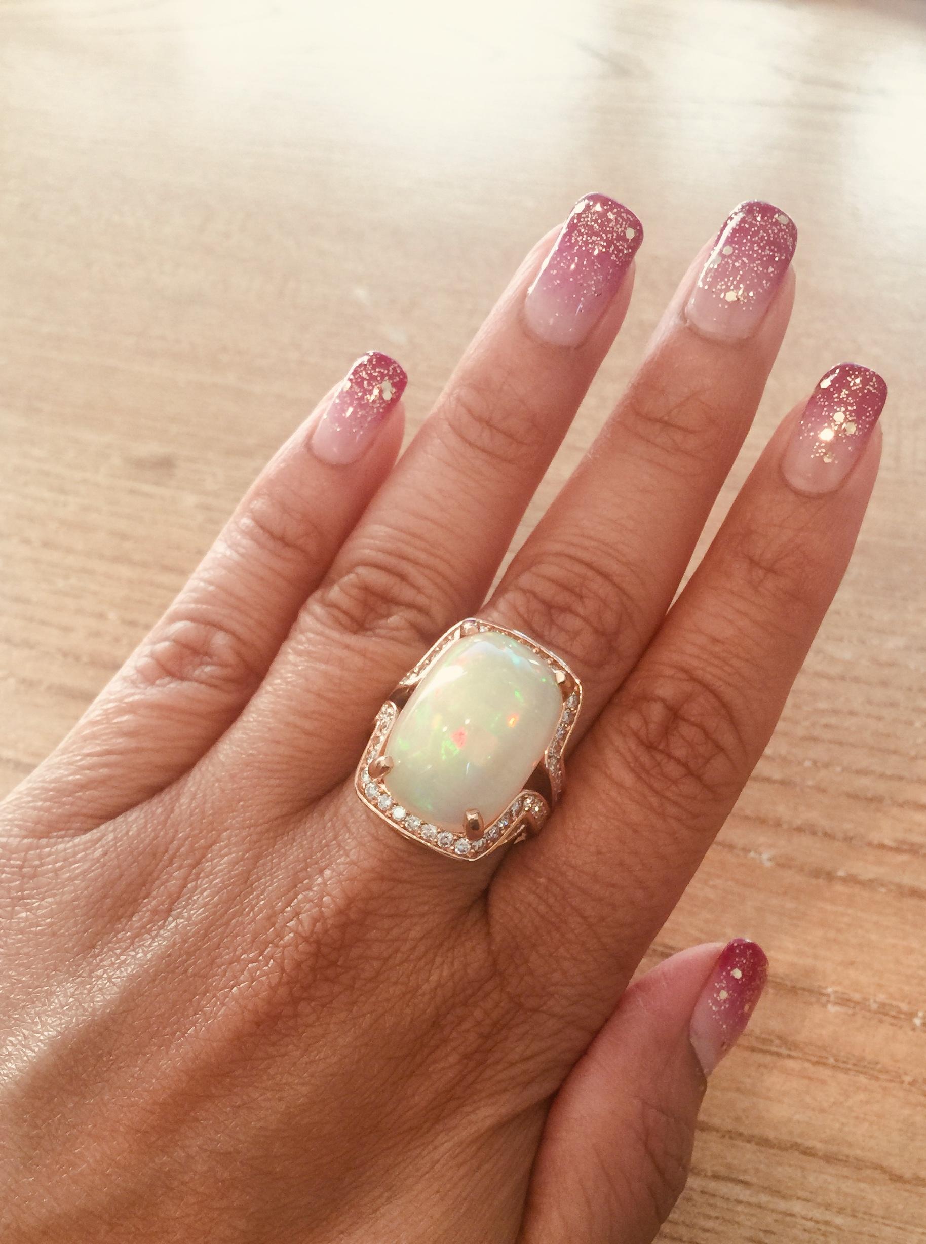 14.63 Carat Opal Diamond 14 Karat Rose Gold Statement Ring In New Condition For Sale In Los Angeles, CA