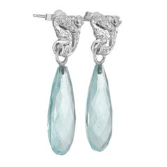 14.64 Carat Briolette Aquamarine Diamond White Gold Dangle Earrings