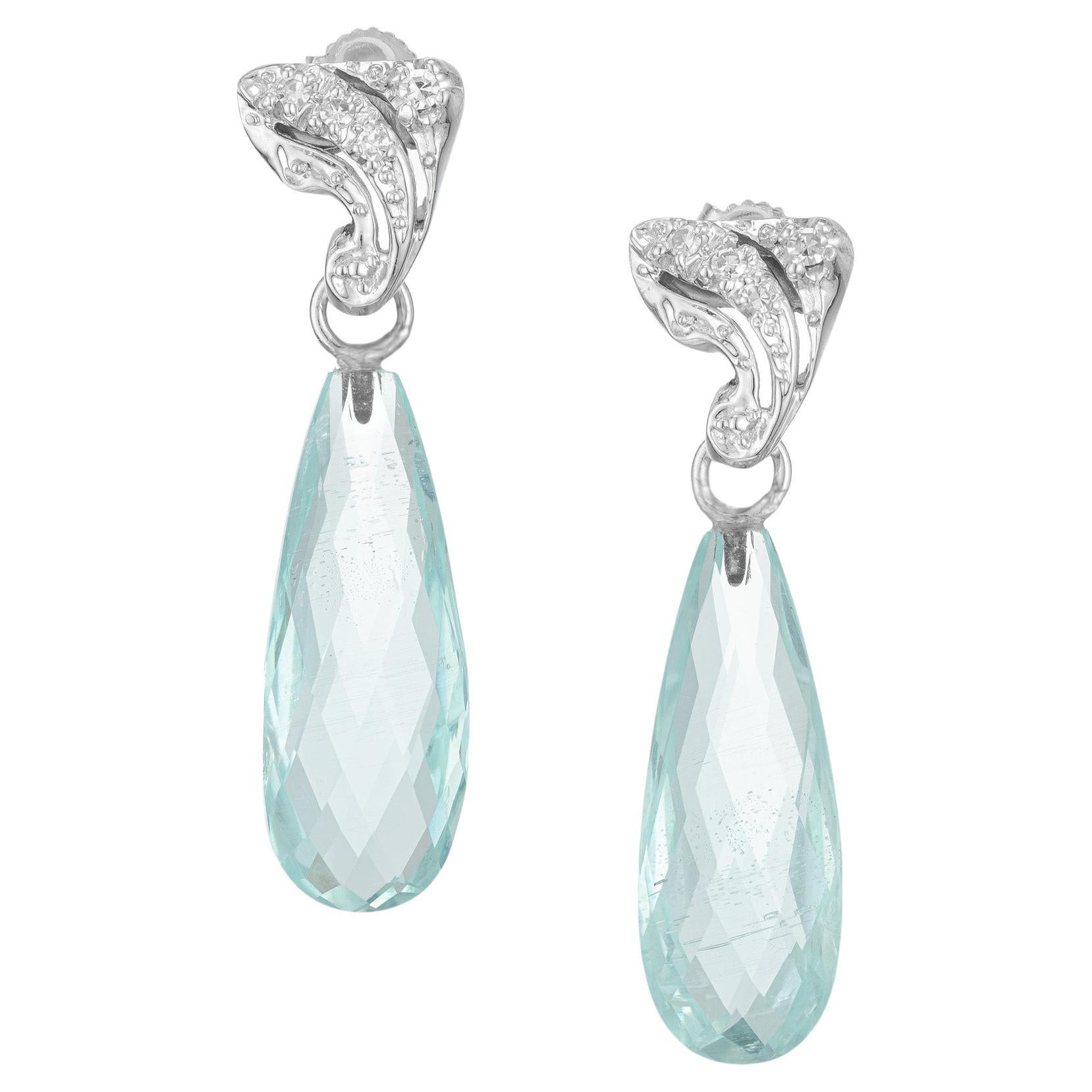14.64 Carat Briolette Aquamarine Diamond White Gold Dangle Earrings