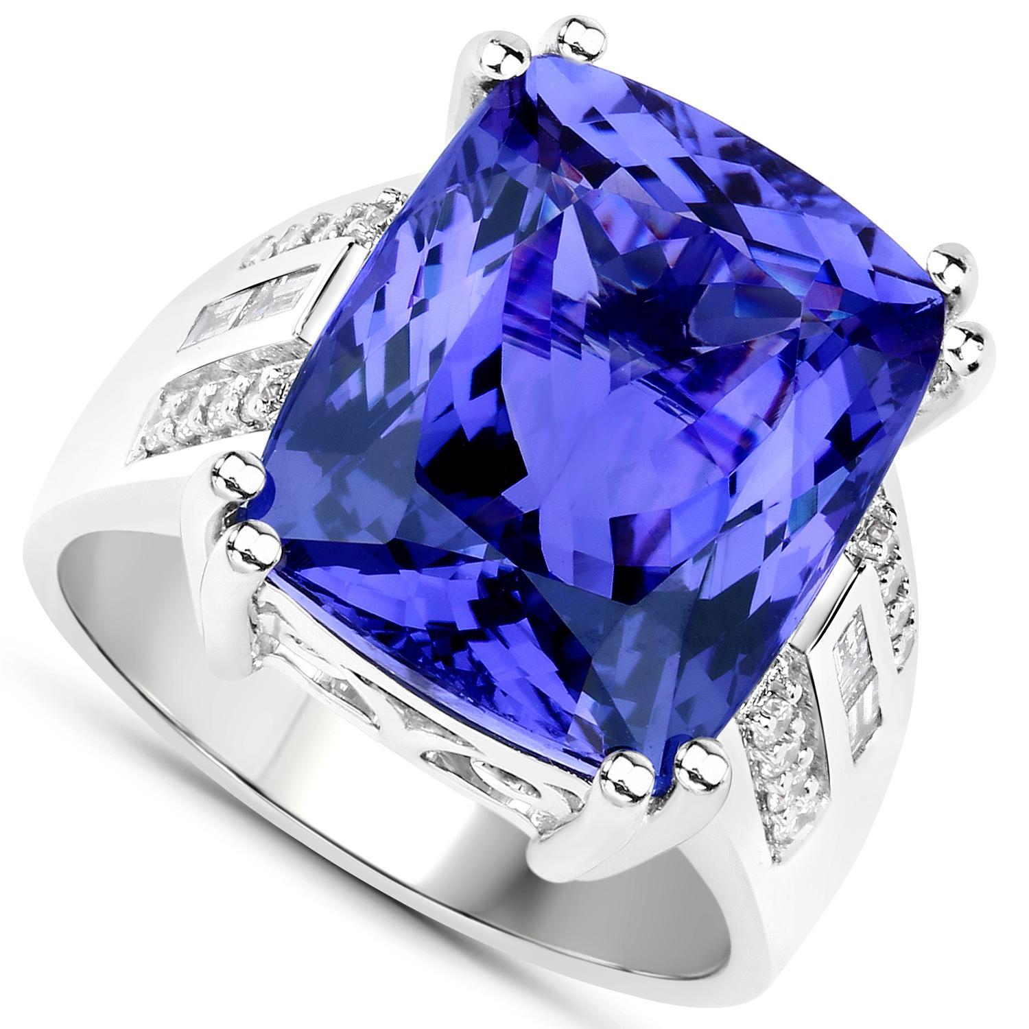14.64 Carat Genuine Tanzanite and Diamond 18 Karat White Gold Cocktail Ring In New Condition For Sale In Great Neck, NY