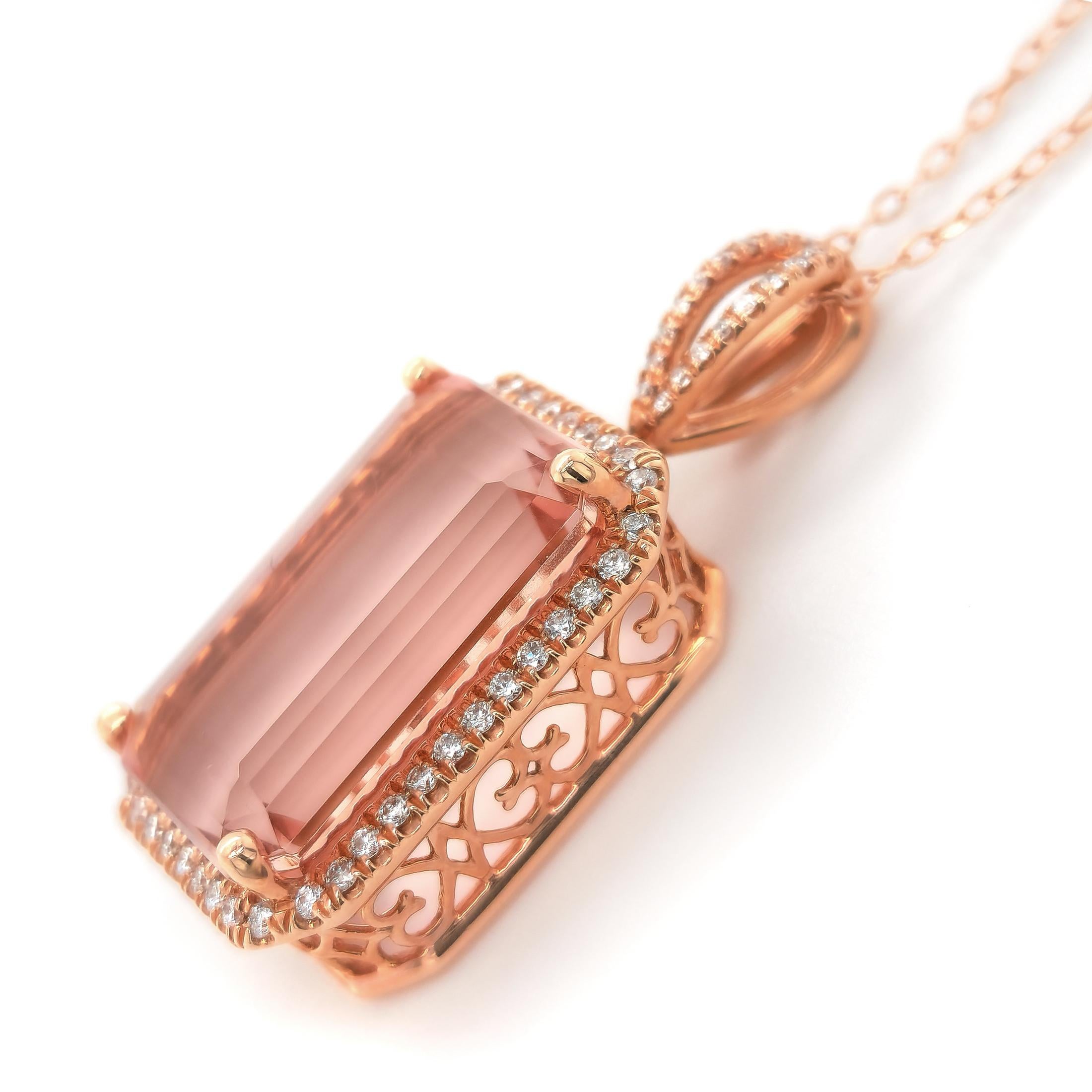 Lovely gemstone set in rose gold, this 14.64 carat mystical Morganite adds a touch of fresh sexiness to this pendant. Set in 14K Gold, there will be no denying the durability of this pendant paired with the everlasting salmon colored beryl. Although