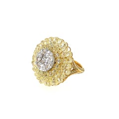 14.65 Carat Briolette Yellow Diamond and Diamond Flower Ring on 18K Yellow Gold