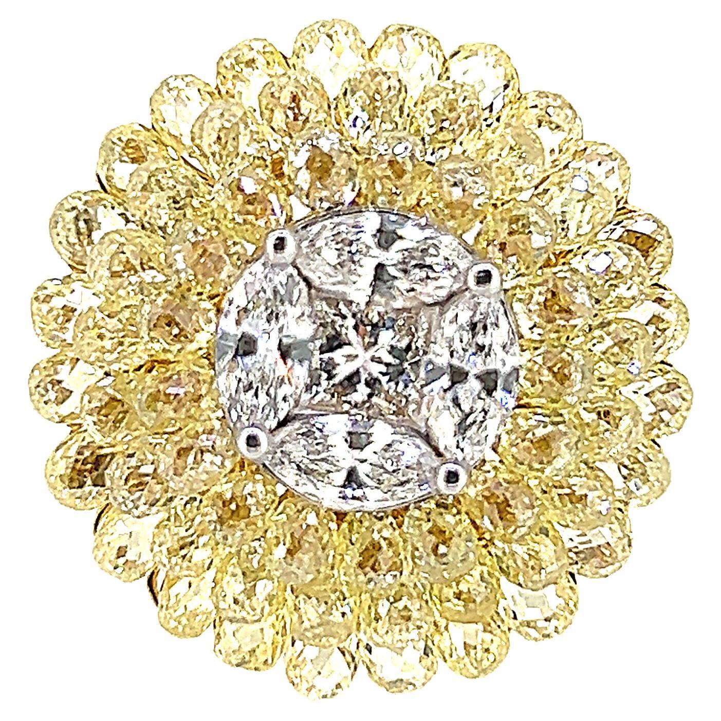 14.65 Carat Briolette Yellow Diamond and Diamond Flower Ring on 18K Yellow Gold