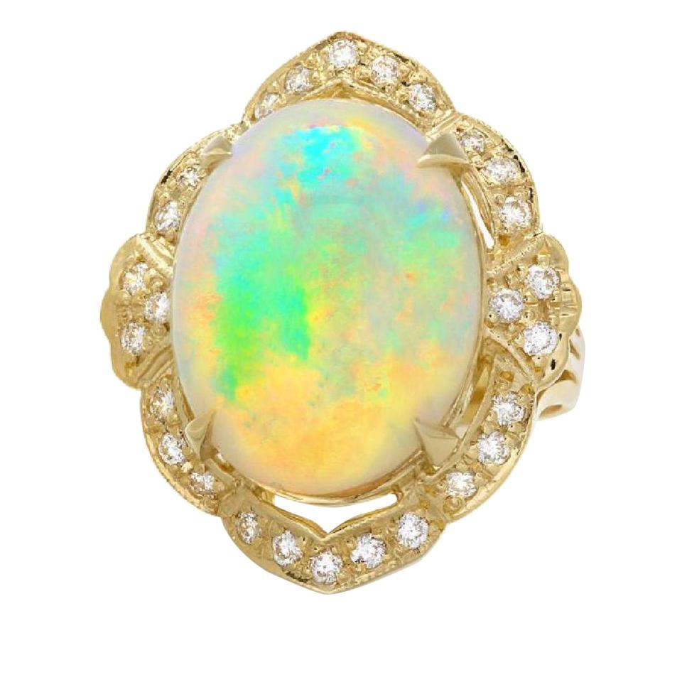 Bague impressionnante en or massif 14 carats avec opale éthiopienne naturelle 14,65 carats et diamants