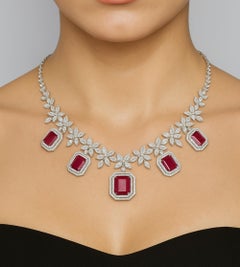 14.65Ct Red Gemstone Diamond Pave Floral 14 Karat White Gold Choker Necklace