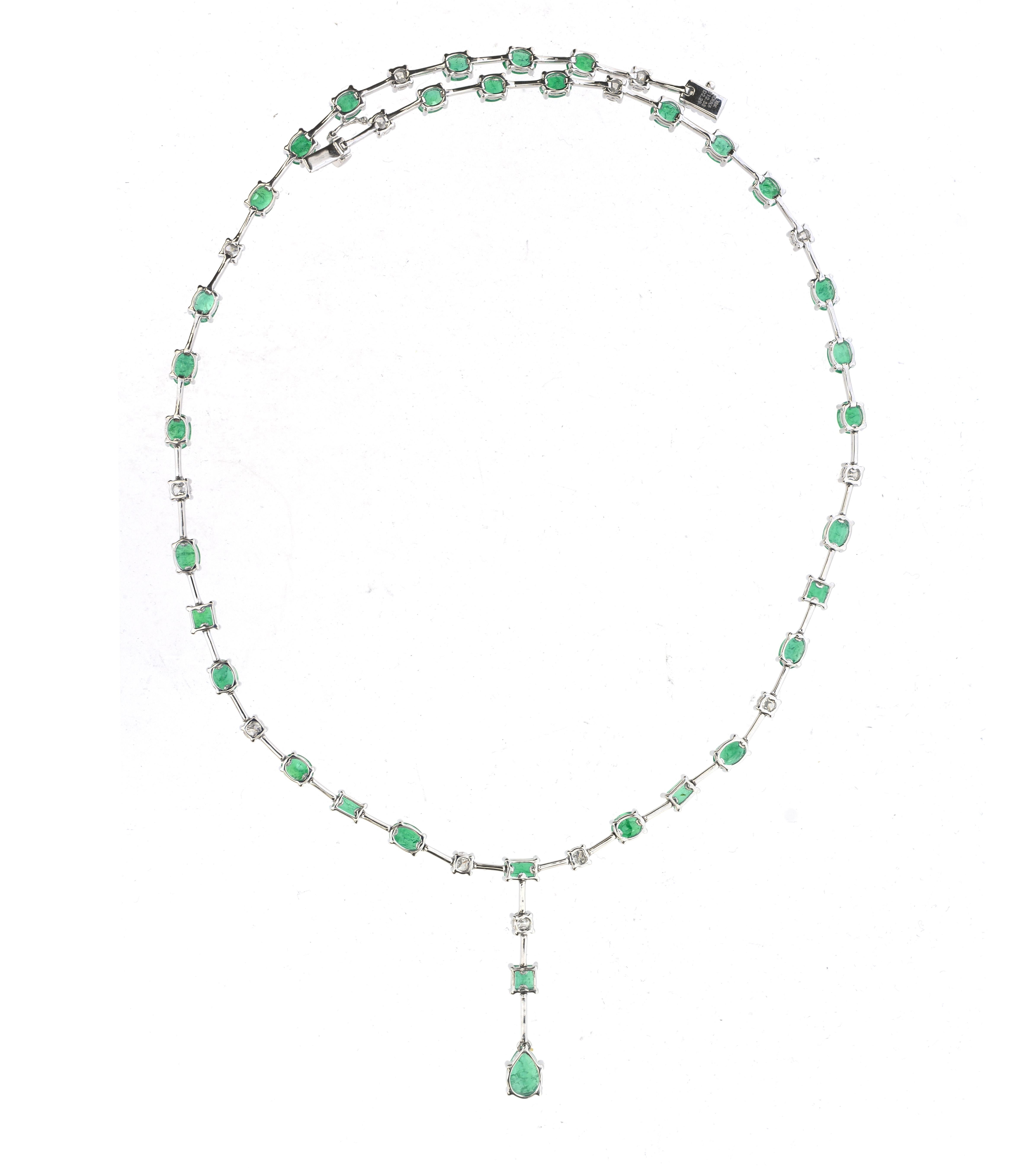 Emerald Cut 14.67 Carat Emerald and White Diamond Drop Design Necklace