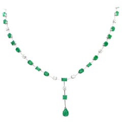 14.67 Carat Emerald and White Diamond Drop Design Necklace
