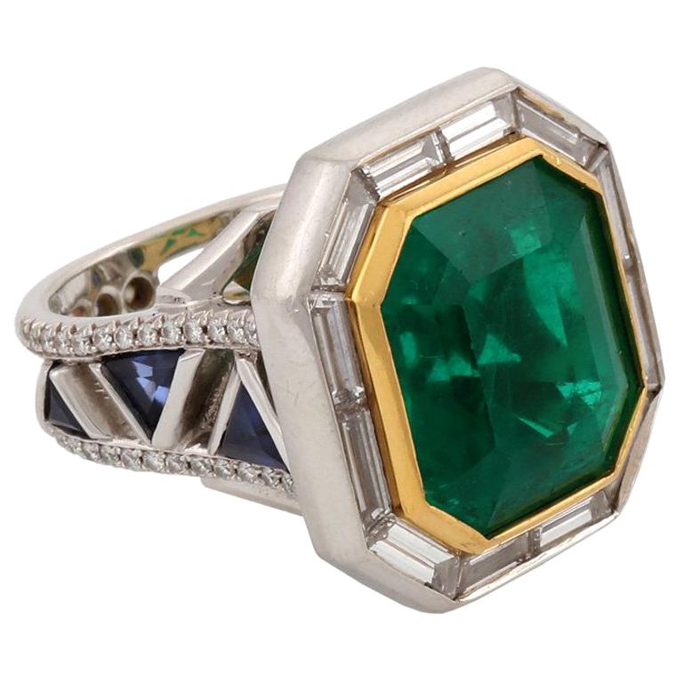 14.68 Carat Emerald Dreams Ring White Diamonds Blue Sapphire John Landrum Bryant For Sale