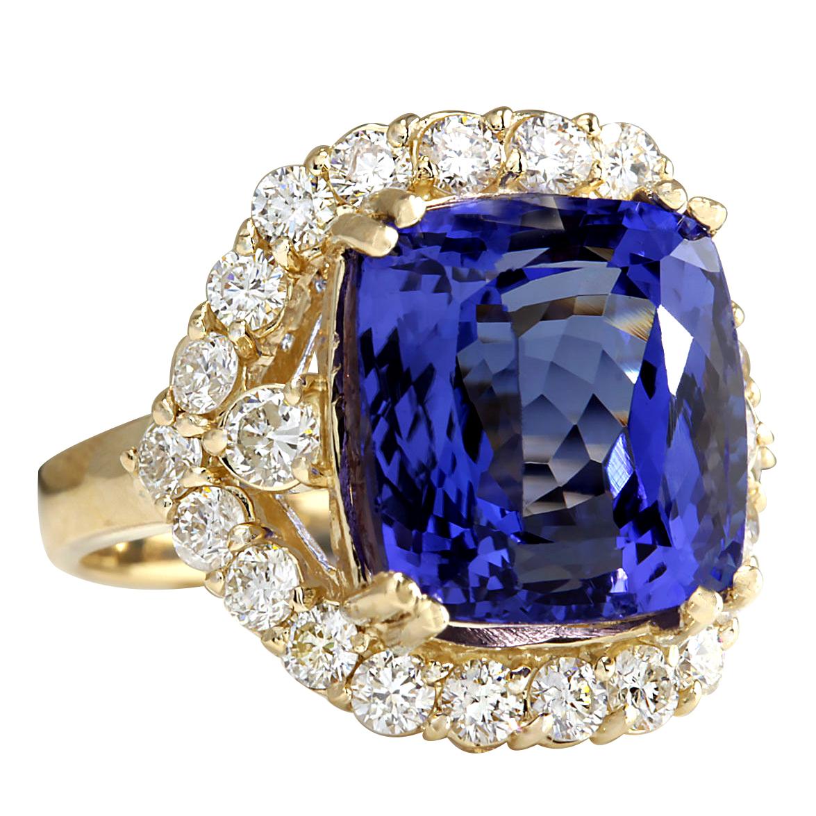 Stamped: 14K Yellow Gold
Total Ring Weight: 8.0 Grams
Total Natural Tanzanite Weight is 13.18 Carat (Measures: 13.00x11.00 mm)
Color: Blue
Diamond Weight: Total Natural Diamond Weight is 1.50 Carat
Color: F-G, Clarity: VS2-SI1
Face Measures: