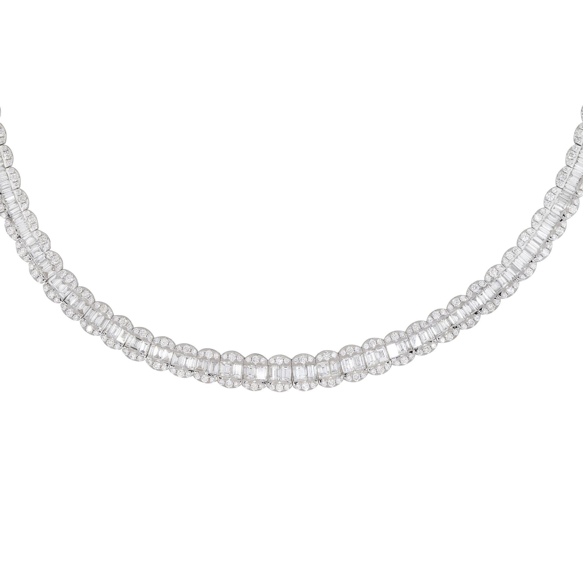 18k White Gold 14.69ctw Baguette & Round Brilliant Cut Diamond Scalloped Tennis Necklace

Product: Baguette & Round Brilliant Diamond Necklace
Material: 18k White Gold
Diamond Details: There are approximately 5.50 carats of Baguette cut diamonds