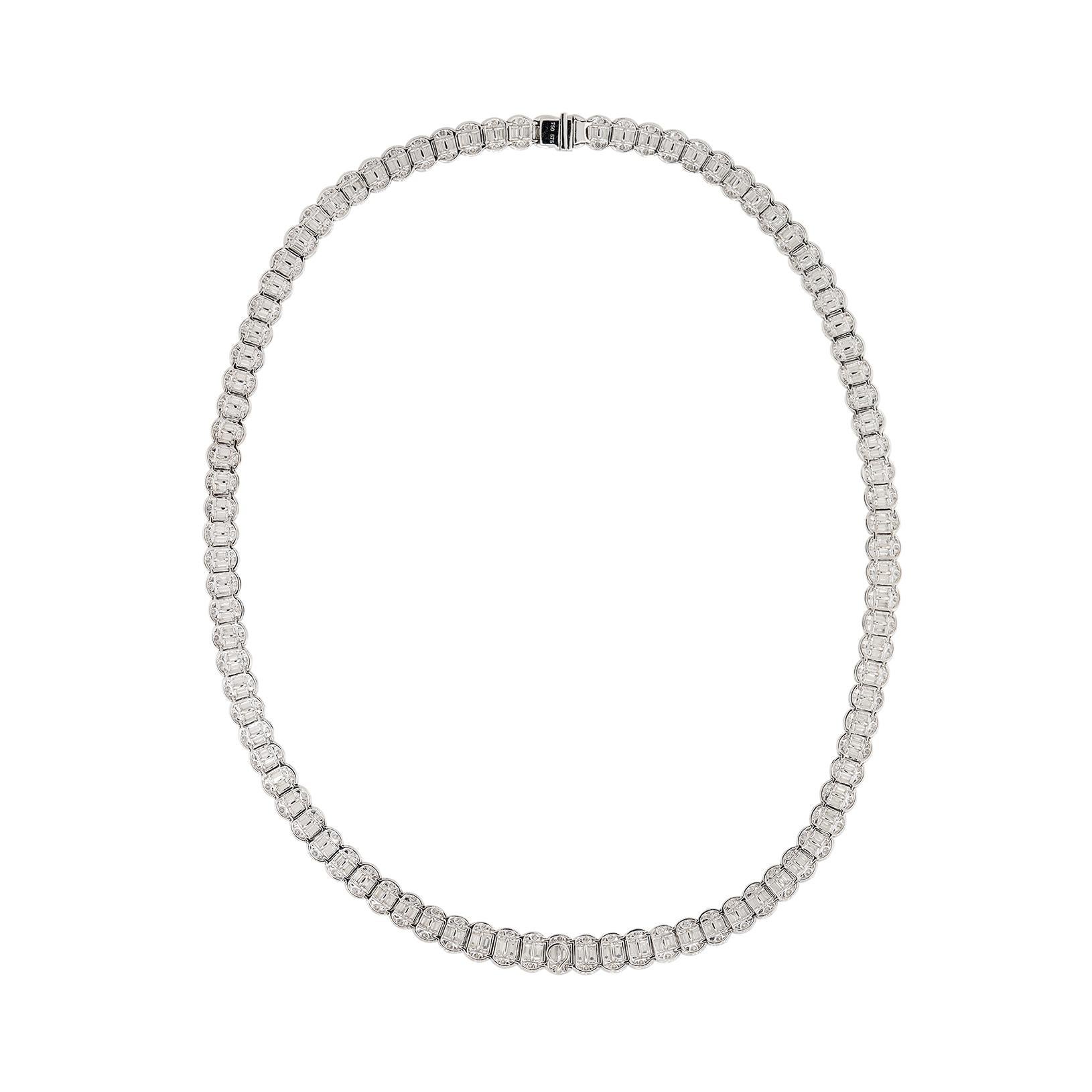 Round Cut 14.69 Carat Diamond Scalloped Tennis Necklace 18 Karat In Stock For Sale
