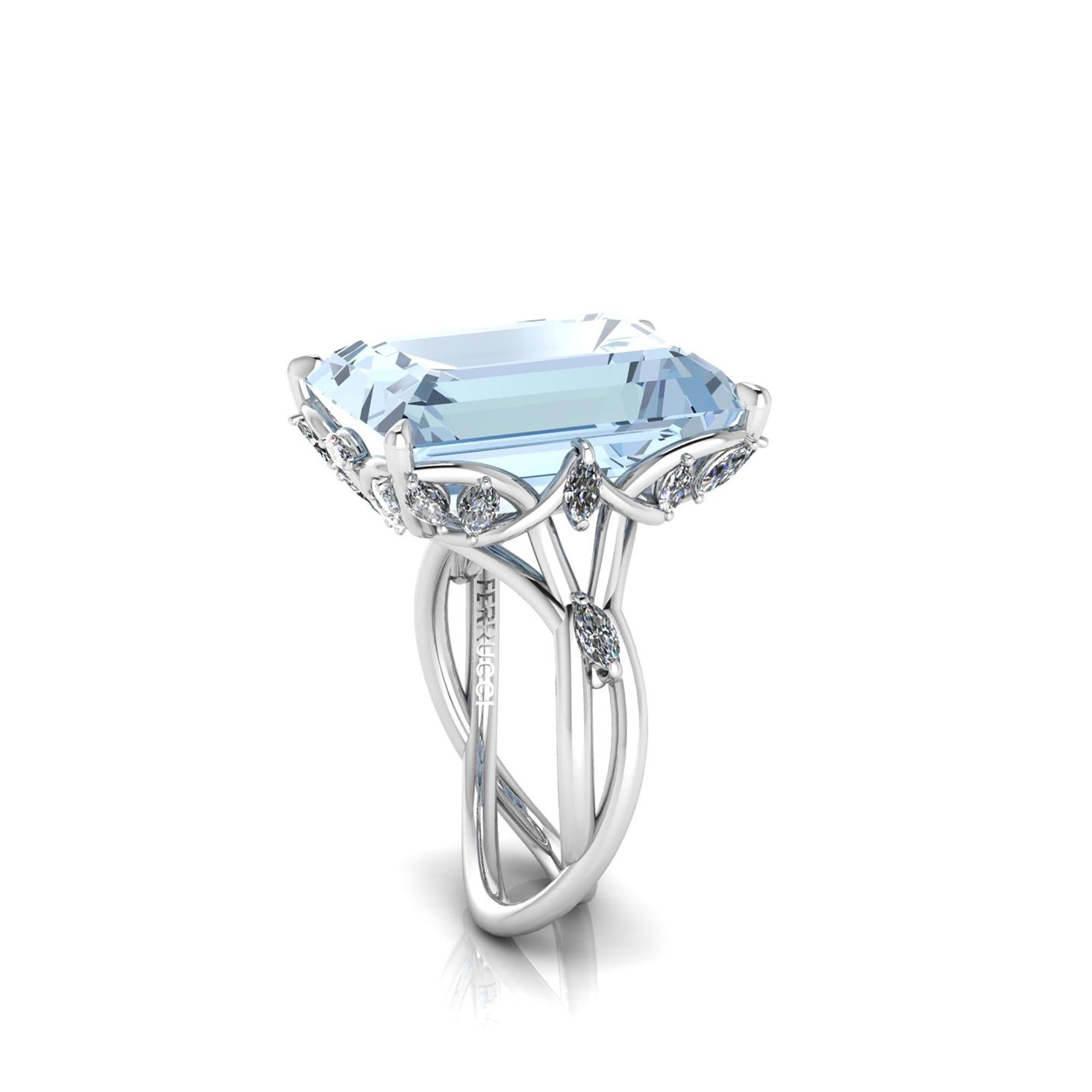 14.69 carat emerald cut Aquamarine, with bright white diamonds for an approximate carat weight of 0.70 carat, Marquise cut, set in a delicate and sophisticated looking Platinum 950 ring, conceived with the best Italian manufacturing.

This ring is