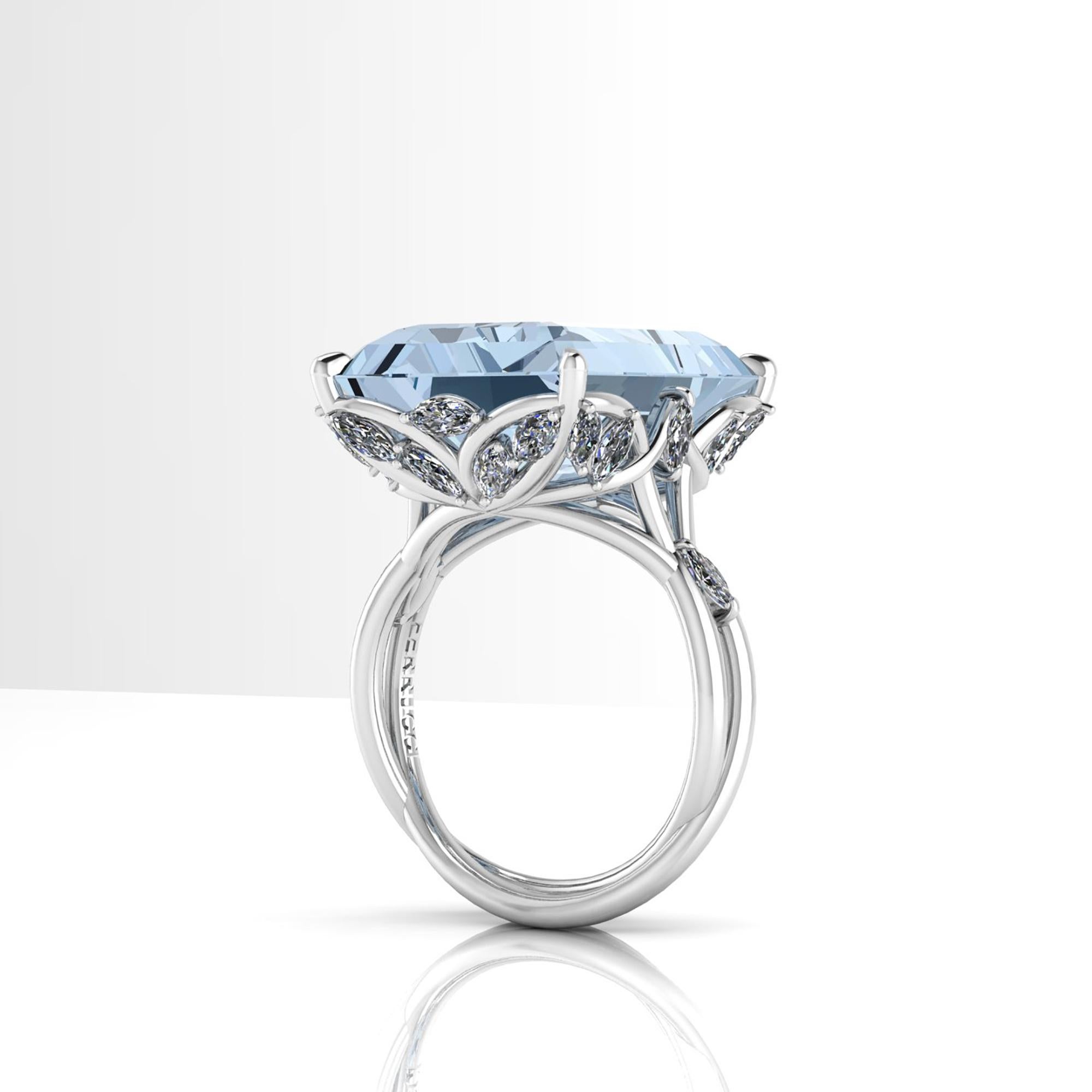 Art Nouveau 14.69 Carat Emerald Cut Aquamarine Platinum Cocktail Ring