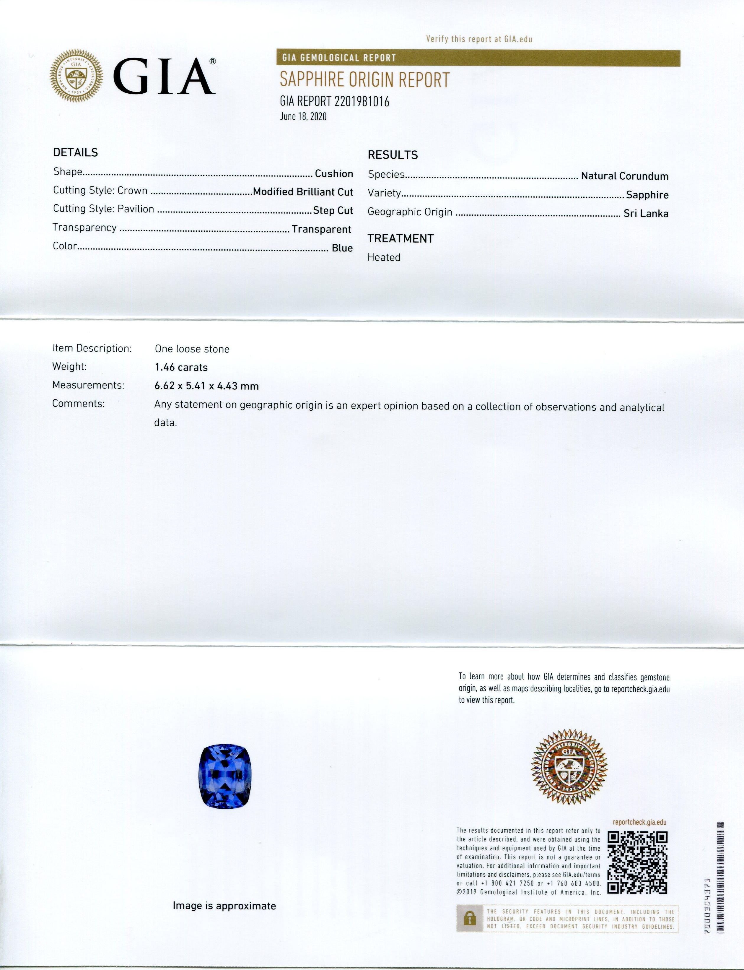 1.46 Karat Blauer Saphir im Kissenschliff GIA zertifiziert Sri Lanka im Zustand „Neu“ im Angebot in Toronto, Ontario