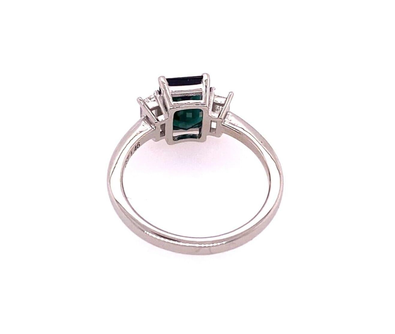 1.46ct Emerald Cut Green Tourmaline with Matching Baguette Diamonds 3-Stone Ring For Sale 1