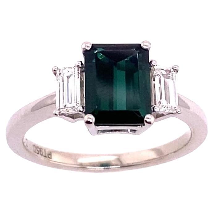 1.46ct Emerald Cut Green Tourmaline with Matching Baguette Diamonds 3-Stone Ring For Sale