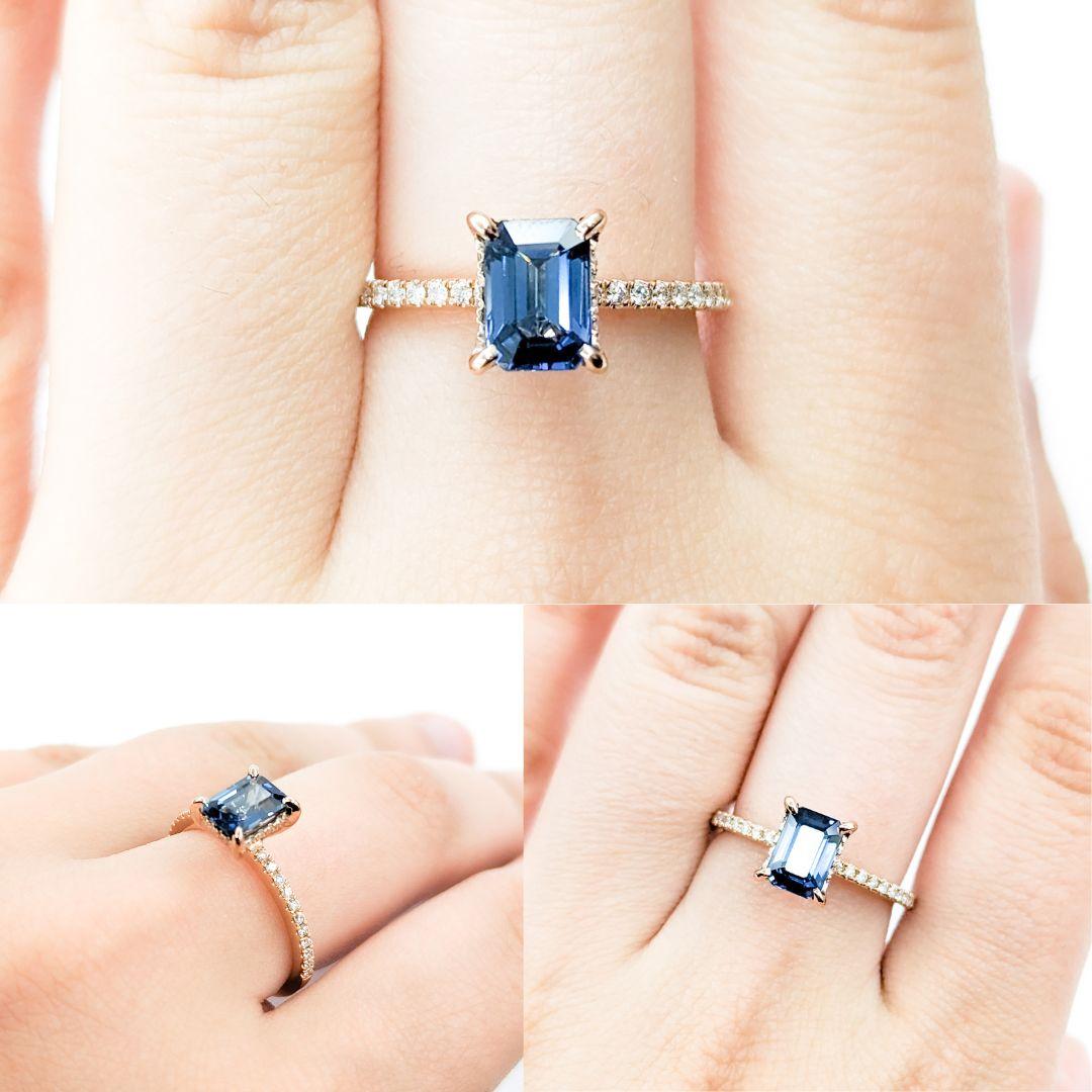 1.46ct Emerald Shape Sapphire & Diamond Ring in 18kt Rose Gold

Introducing this exquisite ring crafted in 18kt rose gold. The ring features a stunning 1.46ct emerald-shaped sapphire centerpiece, the birthstone for September, symbolizing wisdom and