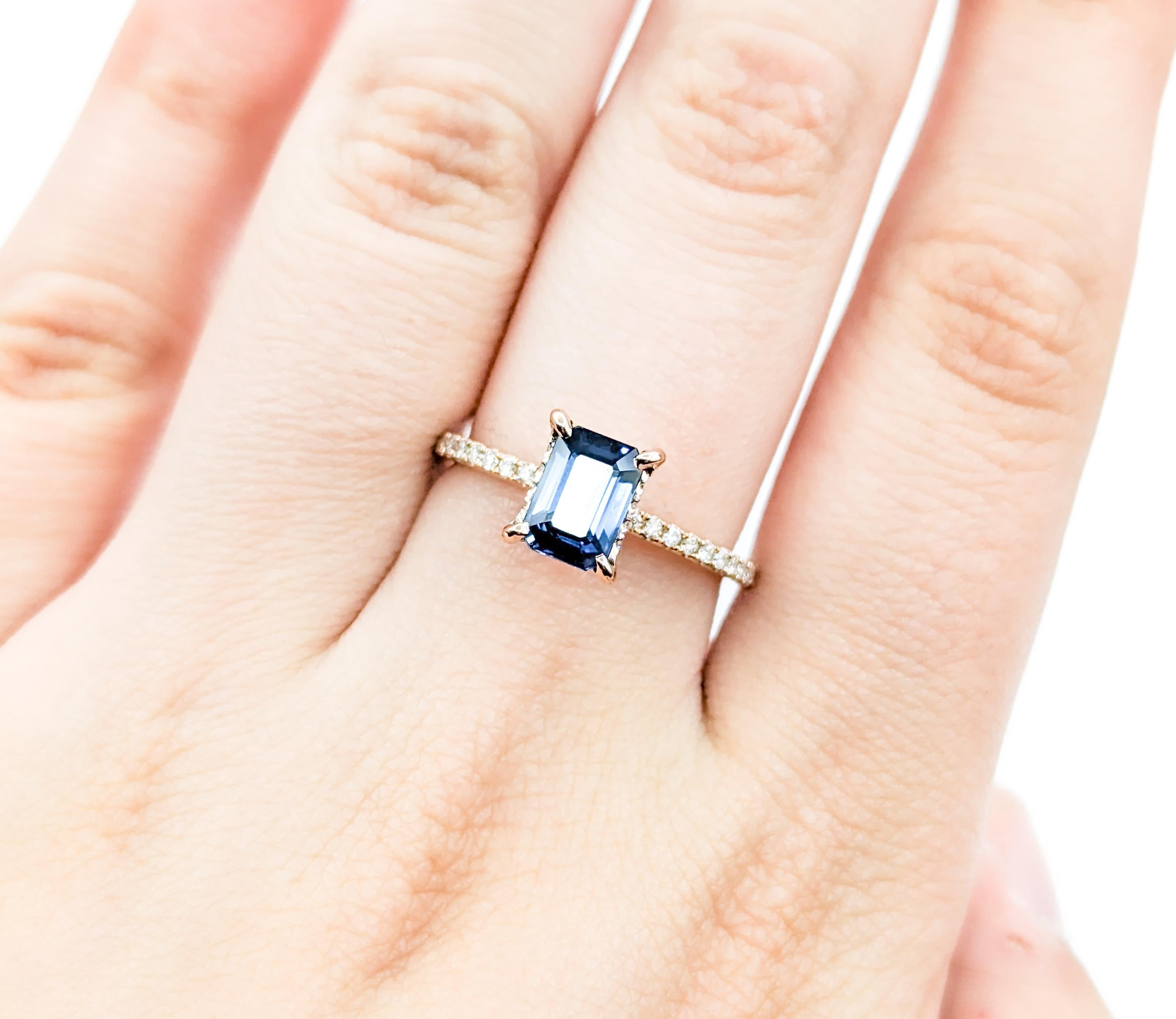 Emerald Cut 1.46ct Emerald Shape Sapphire & Diamond Ring in 18kt Rose Gold For Sale