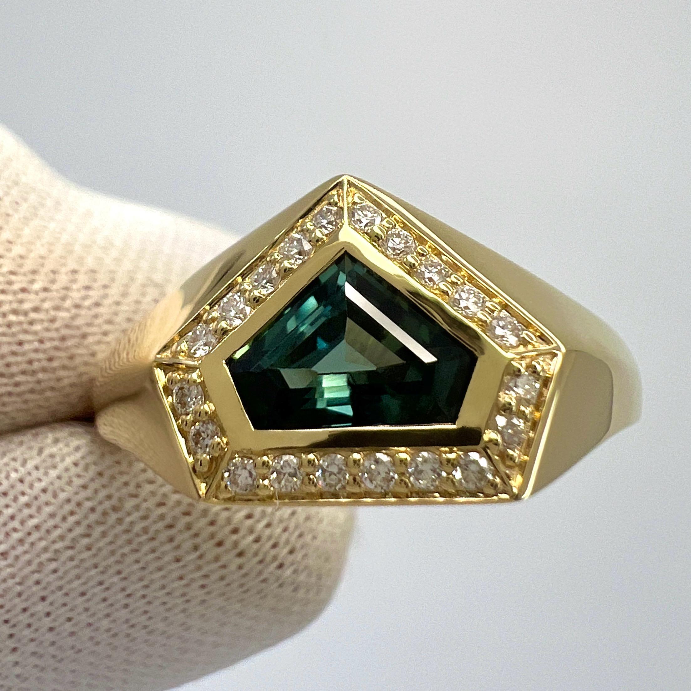 Unique Natural Fancy Pentagon Cut Untreated Colour Change Sapphire 18k Yellow Gold Diamond Halo Signet Ring. 
1.46 Carat total.

A fine IGI certified 1.06 carat untreated sapphire with stunning colour change effect.
Changing colour depending on the