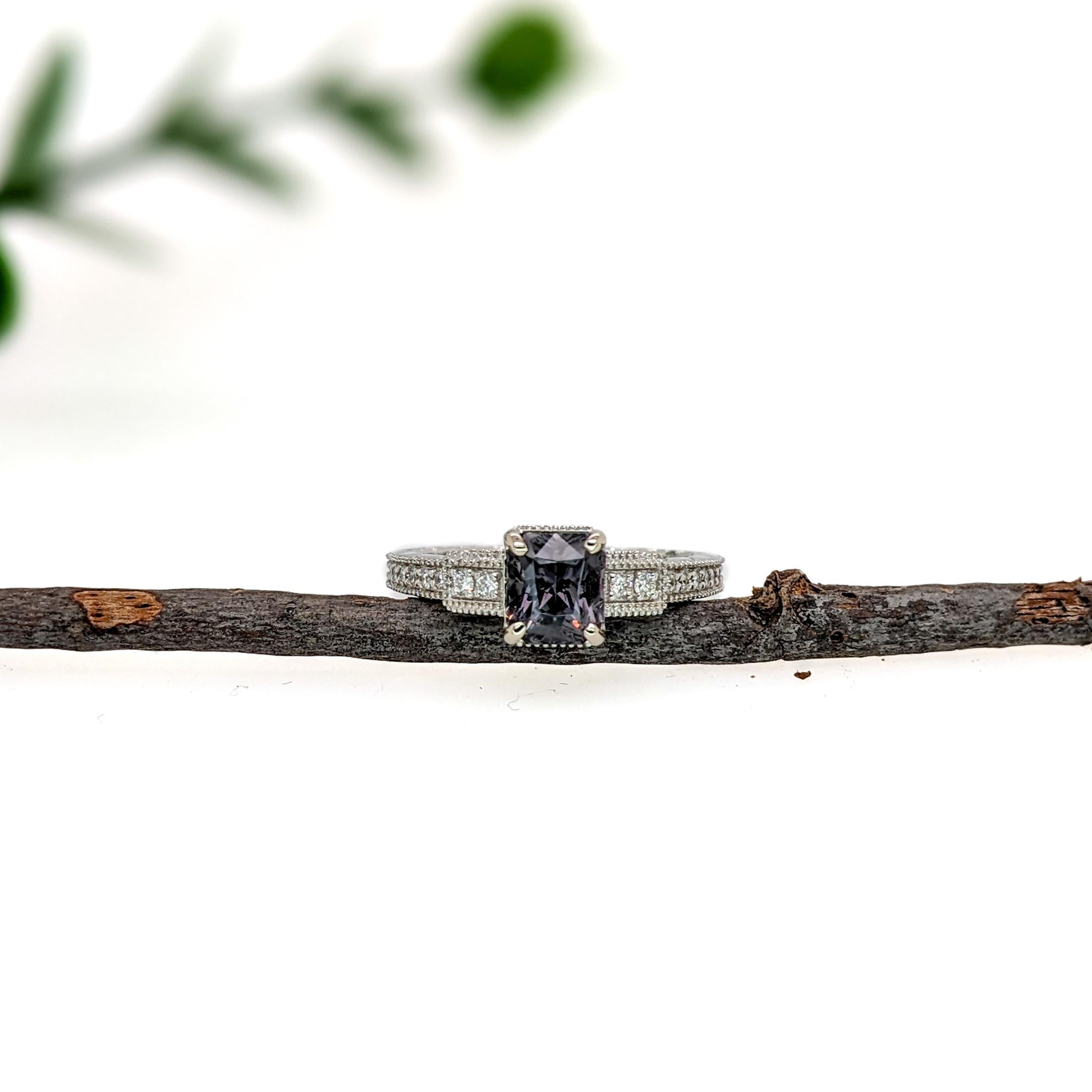 Art Nouveau 1.46ct Spinel Ring w Natural Diamond Accents in Solid 14K White Gold EM 6.5x5.5 For Sale