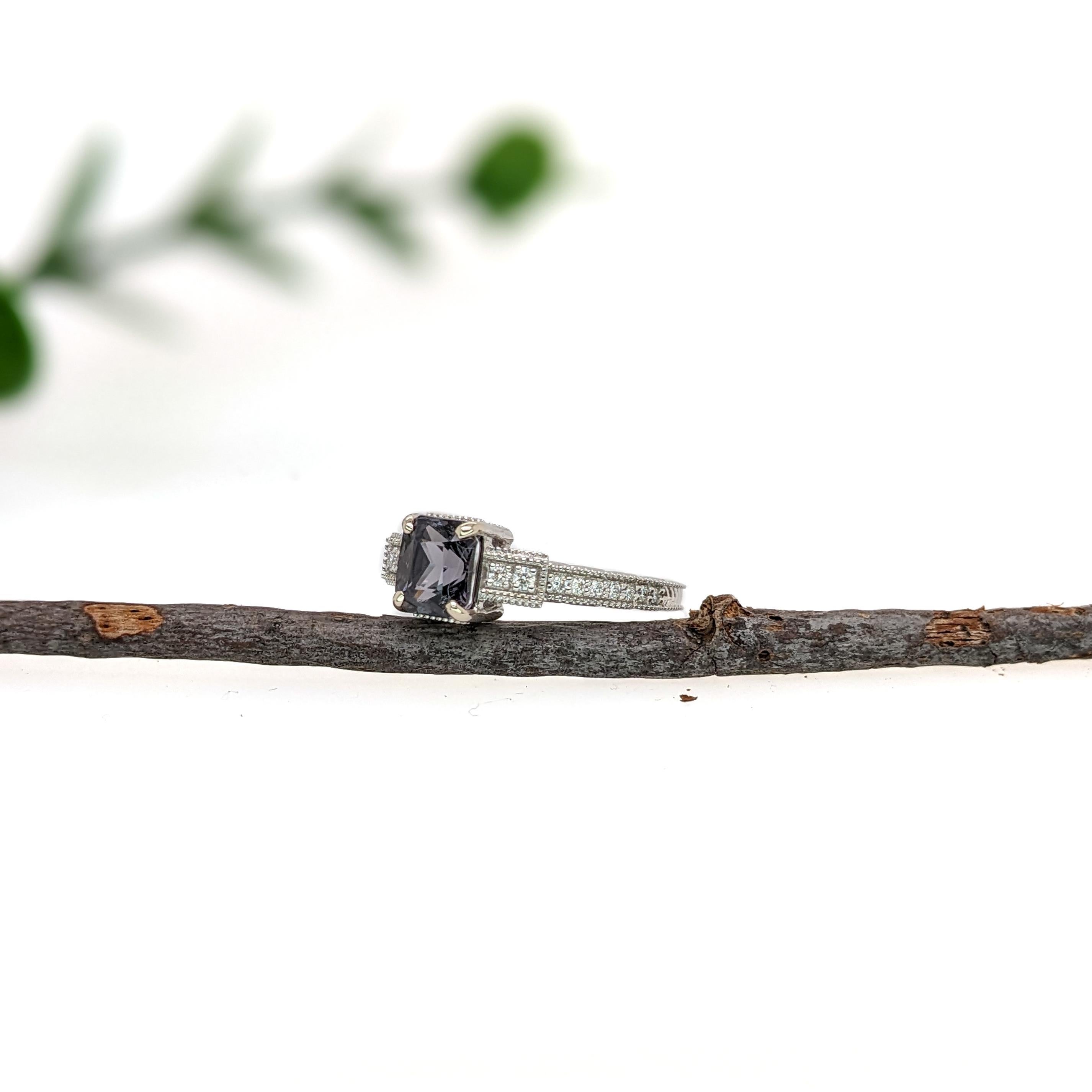 Emerald Cut 1.46ct Spinel Ring w Natural Diamond Accents in Solid 14K White Gold EM 6.5x5.5 For Sale