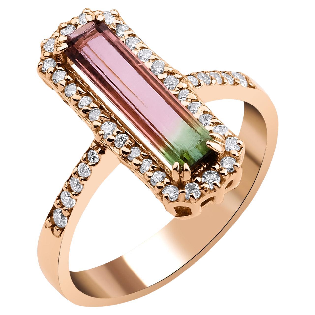 1.46ct Watermelon Tourmaline And Diamond Halo Ring on Solid 14kt Rose Gold For Sale