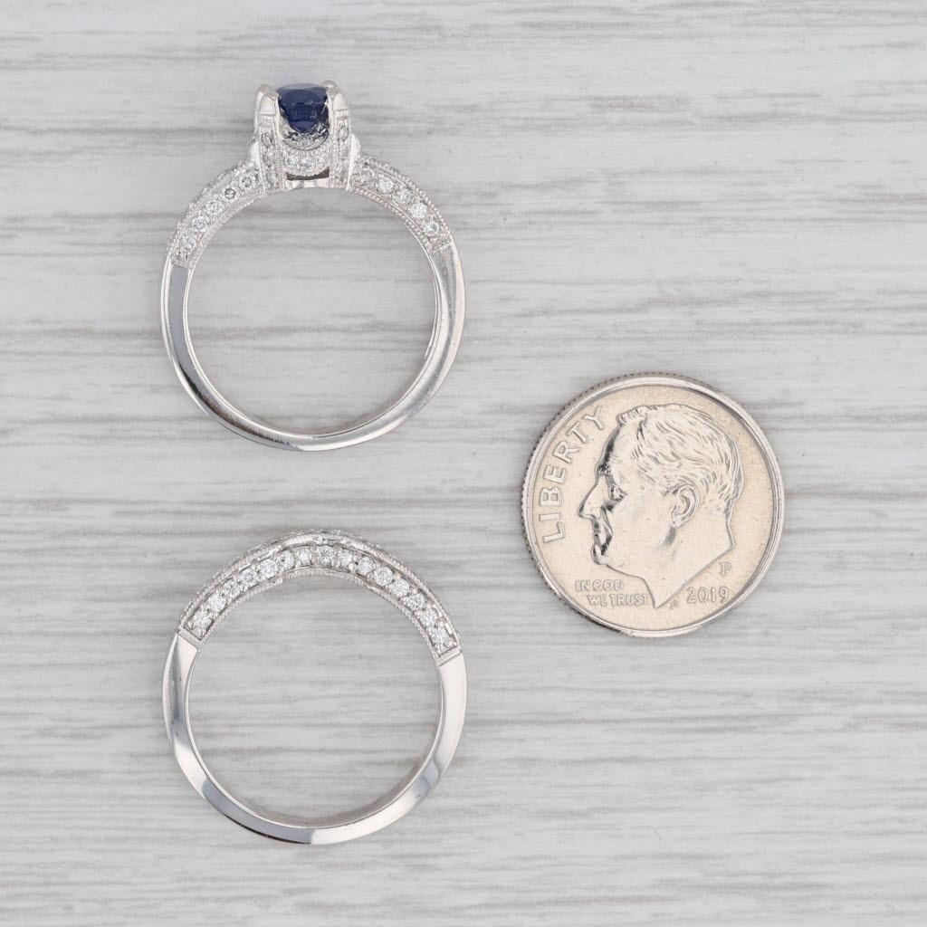 Oval Cut 1.46ctw Blue Sapphire Diamond Engagement Ring Wedding Band Set 14k Gold Sz 6 GIA For Sale