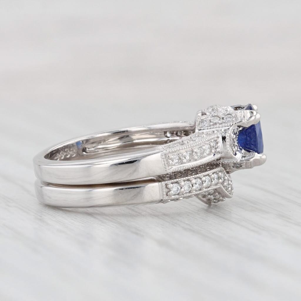 1.46ctw Blue Sapphire Diamond Engagement Ring Wedding Band Set 14k Gold Sz 6 GIA In Good Condition For Sale In McLeansville, NC