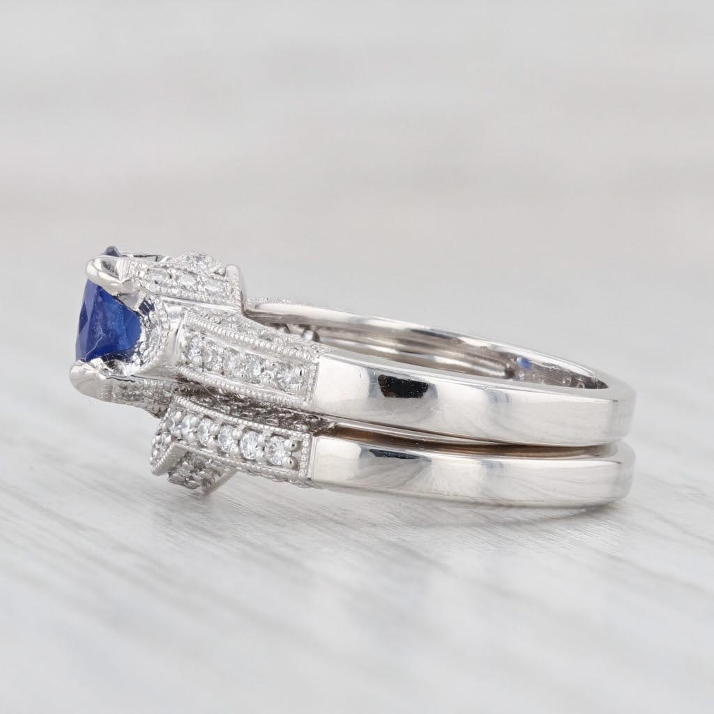 Women's 1.46ctw Blue Sapphire Diamond Engagement Ring Wedding Band Set 14k Gold Sz 6 GIA For Sale