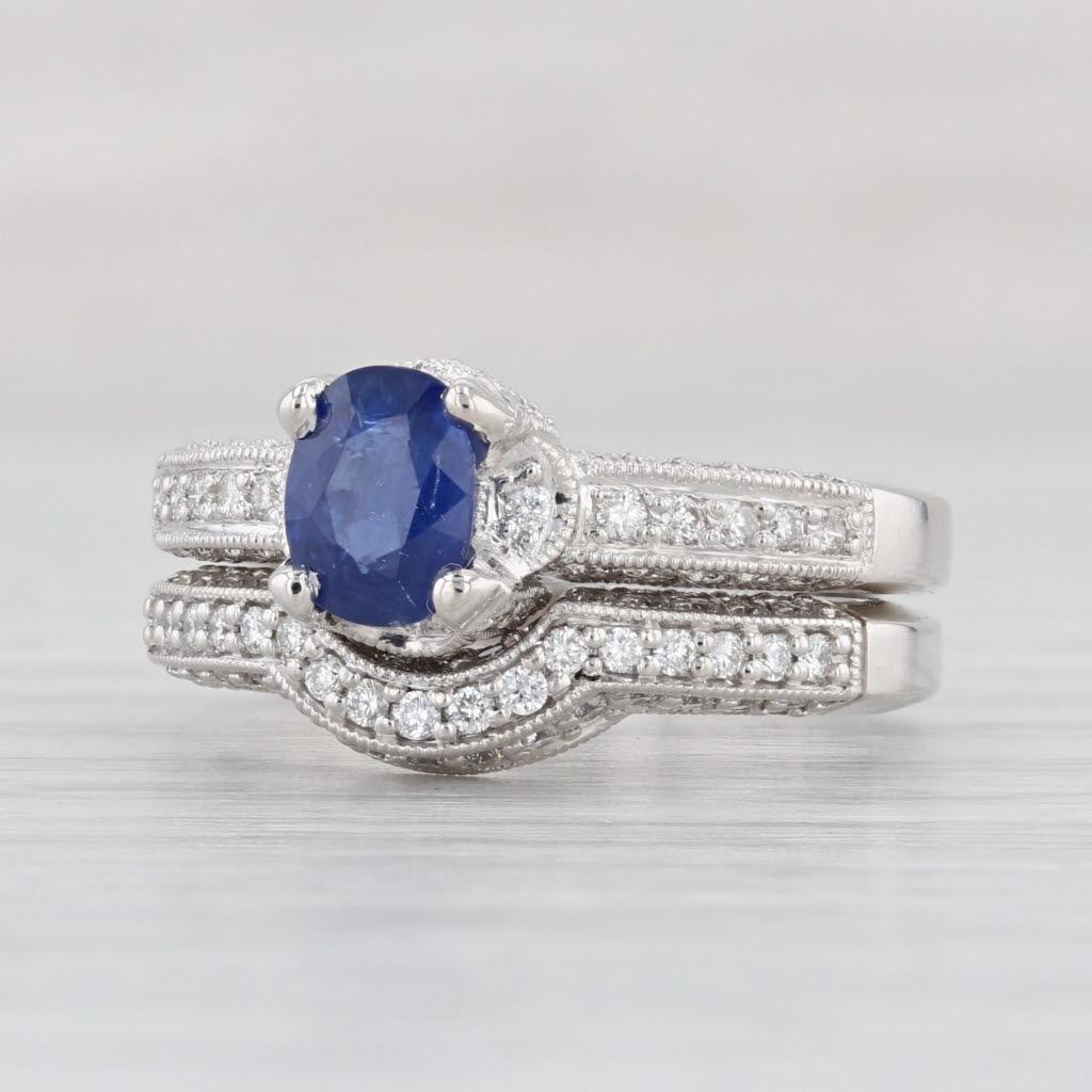 1.46ctw Blue Sapphire Diamond Engagement Ring Wedding Band Set 14k Gold Sz 6 GIA For Sale 2