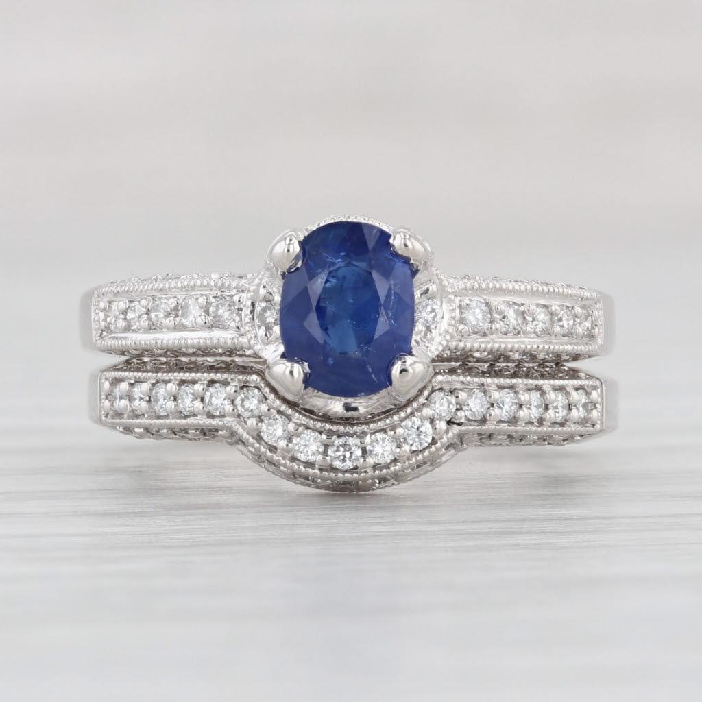 1.46ctw Blue Sapphire Diamond Engagement Ring Wedding Band Set 14k Gold Sz 6 GIA For Sale 3