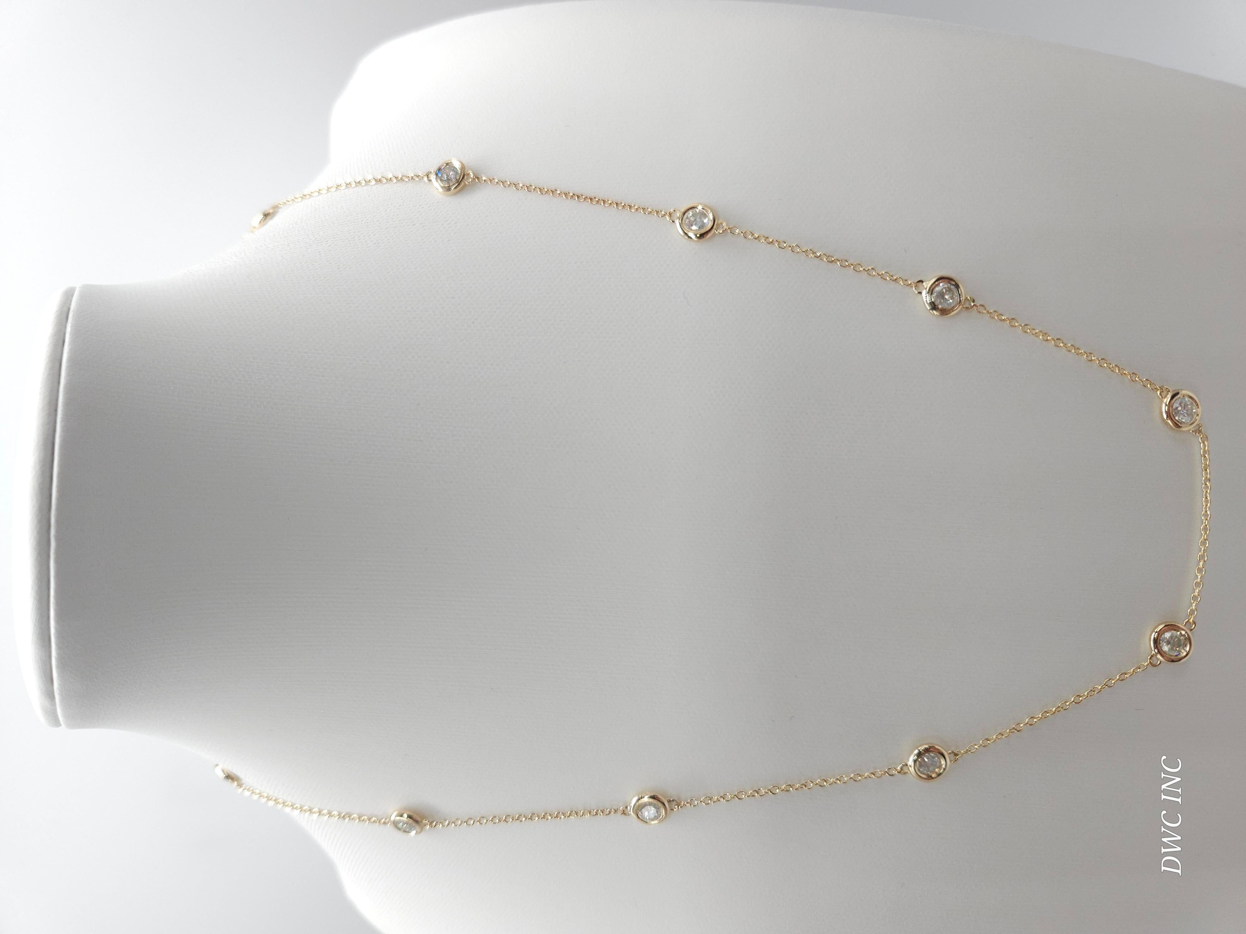 10 Station Diamond by the yard necklace set in Italian made 14K yellow gold. 
Total weight is 1.47 carats. Beautiful shiny stones. 
Length 17 inch 4.59 grams. Average H,VS Natural Diamond

*Free shipping within U.S*