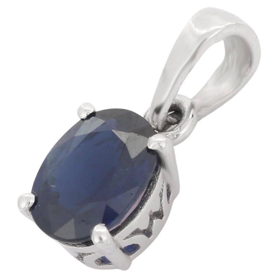 Blue Sapphire Solitaire Pendant in 18K White Gold For Sale