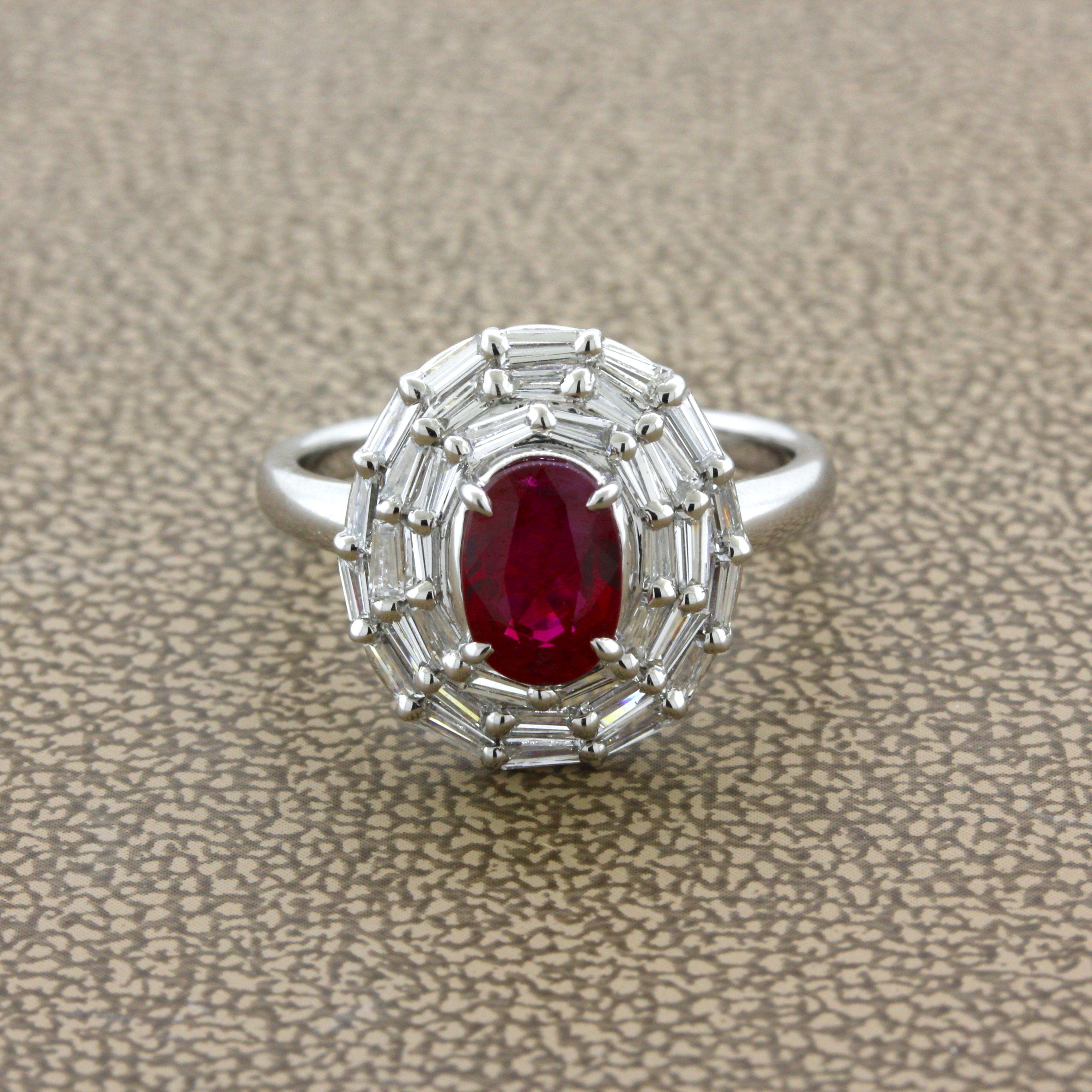 A rare and beautiful treasure! This lovely ruby weighs 1.47 carats and has the classic vivid red “pigeon blood” color which is known as coming from Burma. This is certified by the GIA as being “pigeon blood” with a Burmese origin. It is complemented