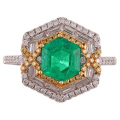 1.47 Carat Clear Zambian Emerald & Fancy Diamond Cluster Ring in 18K White Gold