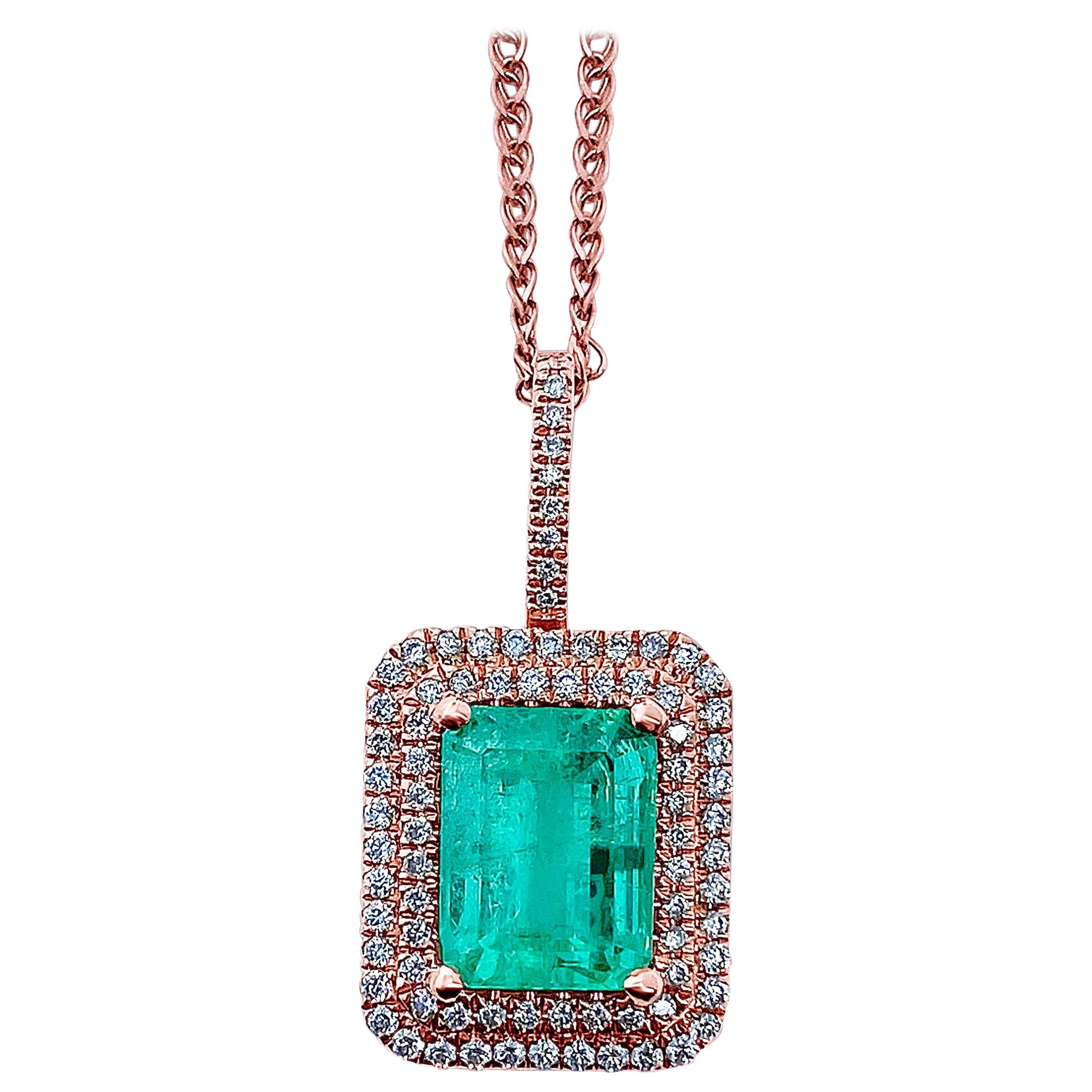 1.47 Carat Colombian Emerald, Round-Cut Diamond and 18K Rose Gold Pendant For Sale