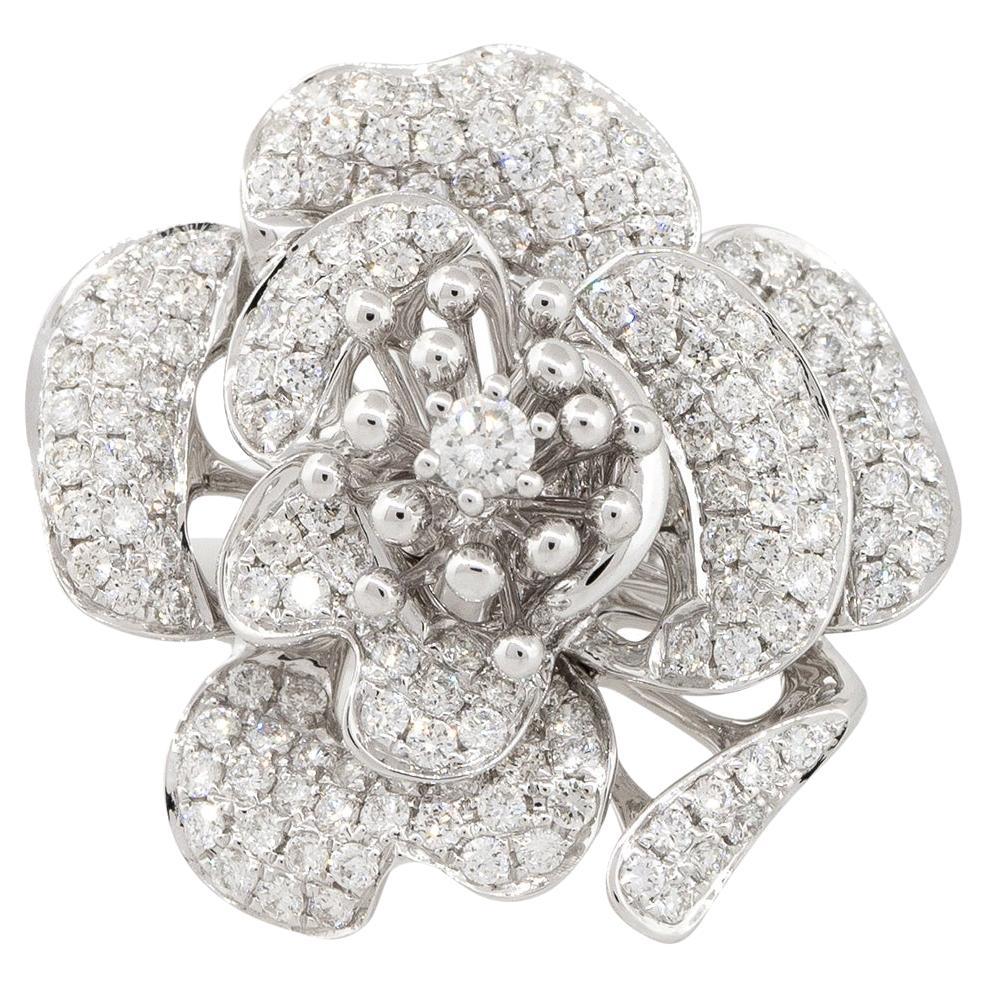 1.47 Carat Diamond Pave Rose Shaped Ring 18 Karat in Stock For Sale