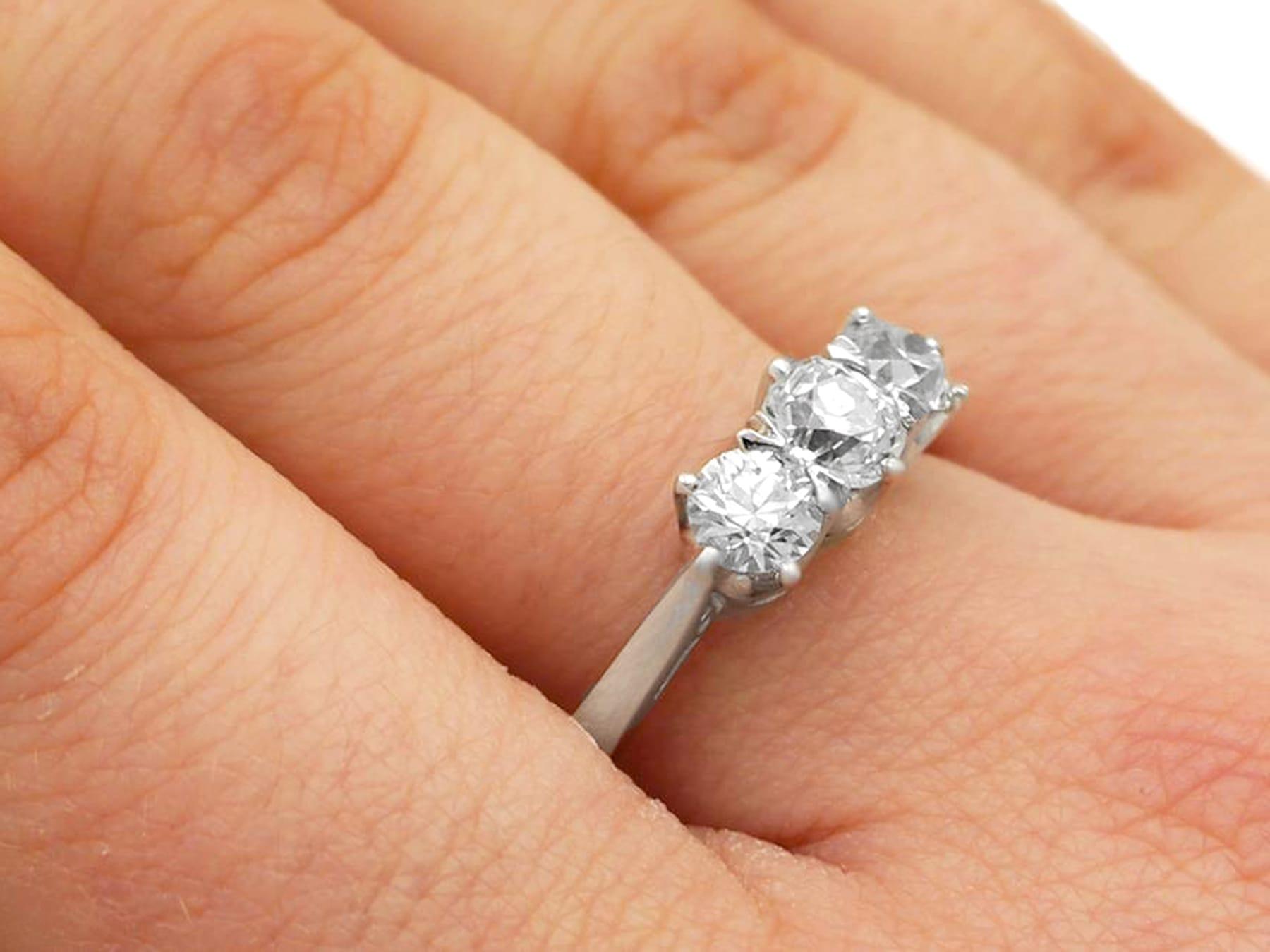 1.47 Carat Diamond Platinum Three-Stone Engagement Ring For Sale 1