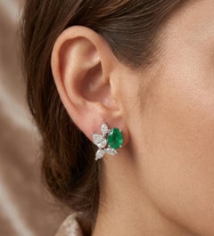 1.47 Carat Emerald 1.1 Carat SI/H Diamond Stud Earrings 18 Karat White Gold