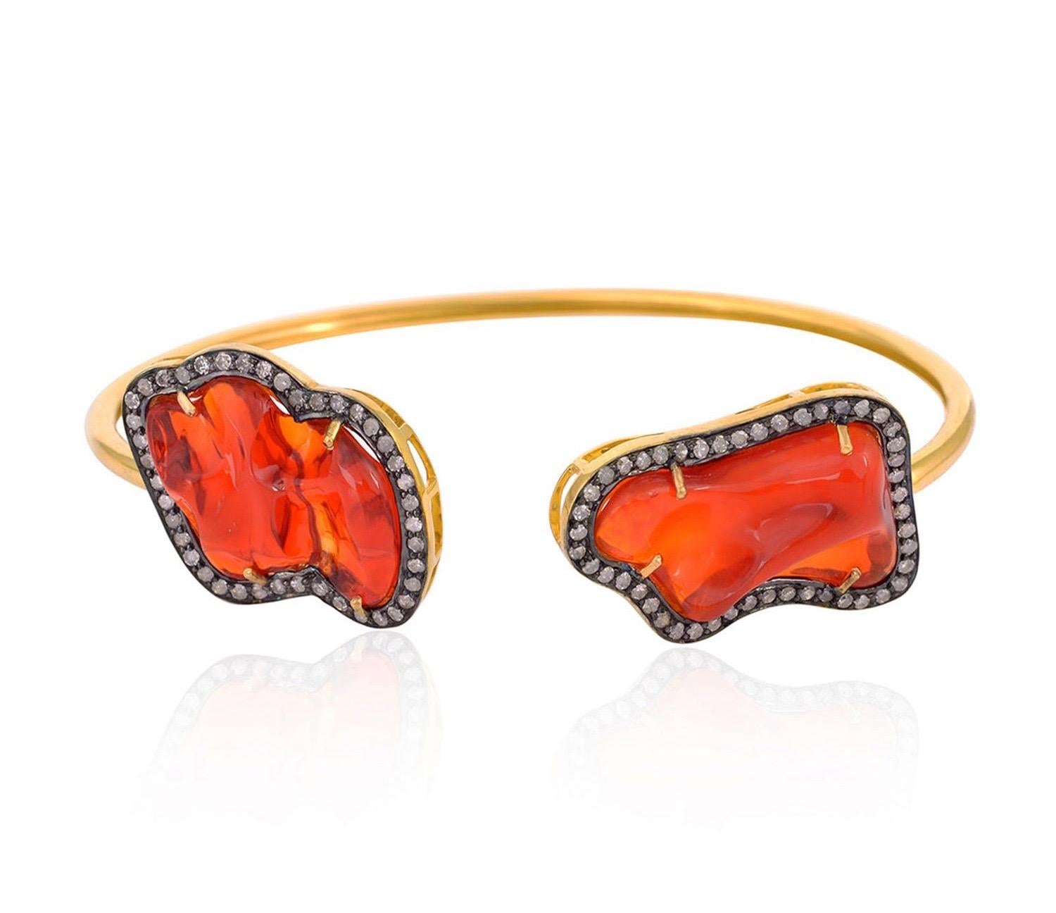 Artisan 14.7 Carat Fire Opal Diamond Cuff Bracelet