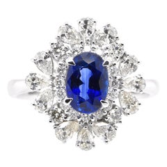1.47 Carat Natural Blue Sapphire and Diamond Cocktail Ring Set in Platinum