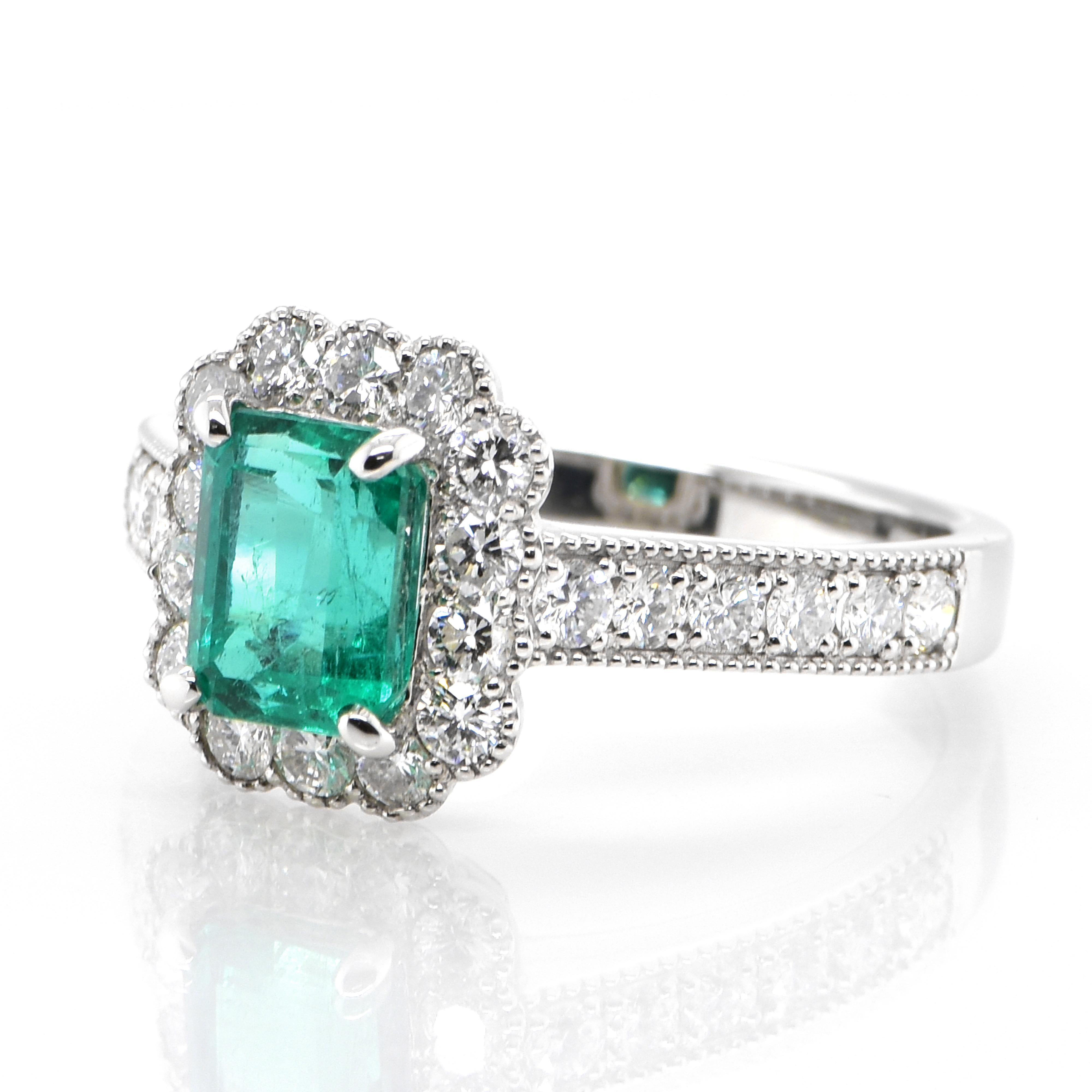 A stunning ring featuring a 1.47 Carat Natural Emerald and 0.83 Carats of Diamond Accents set in Platinum. People have admired emerald’s green for thousands of years. Emeralds have always been associated with the lushest landscapes and the richest
