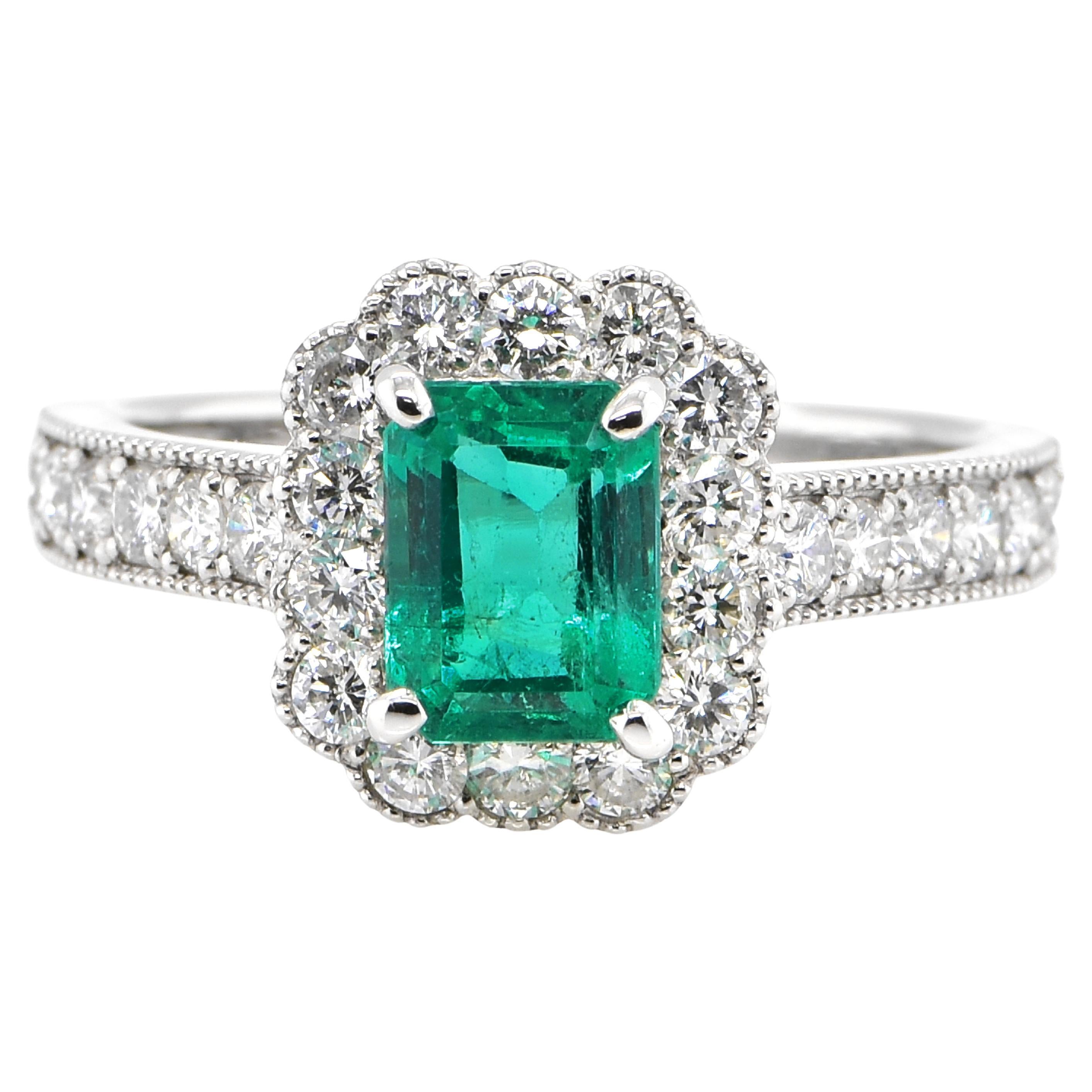 1.47 Carat Natural Colombian Emerald and Diamond Ring Set in Platinum For Sale