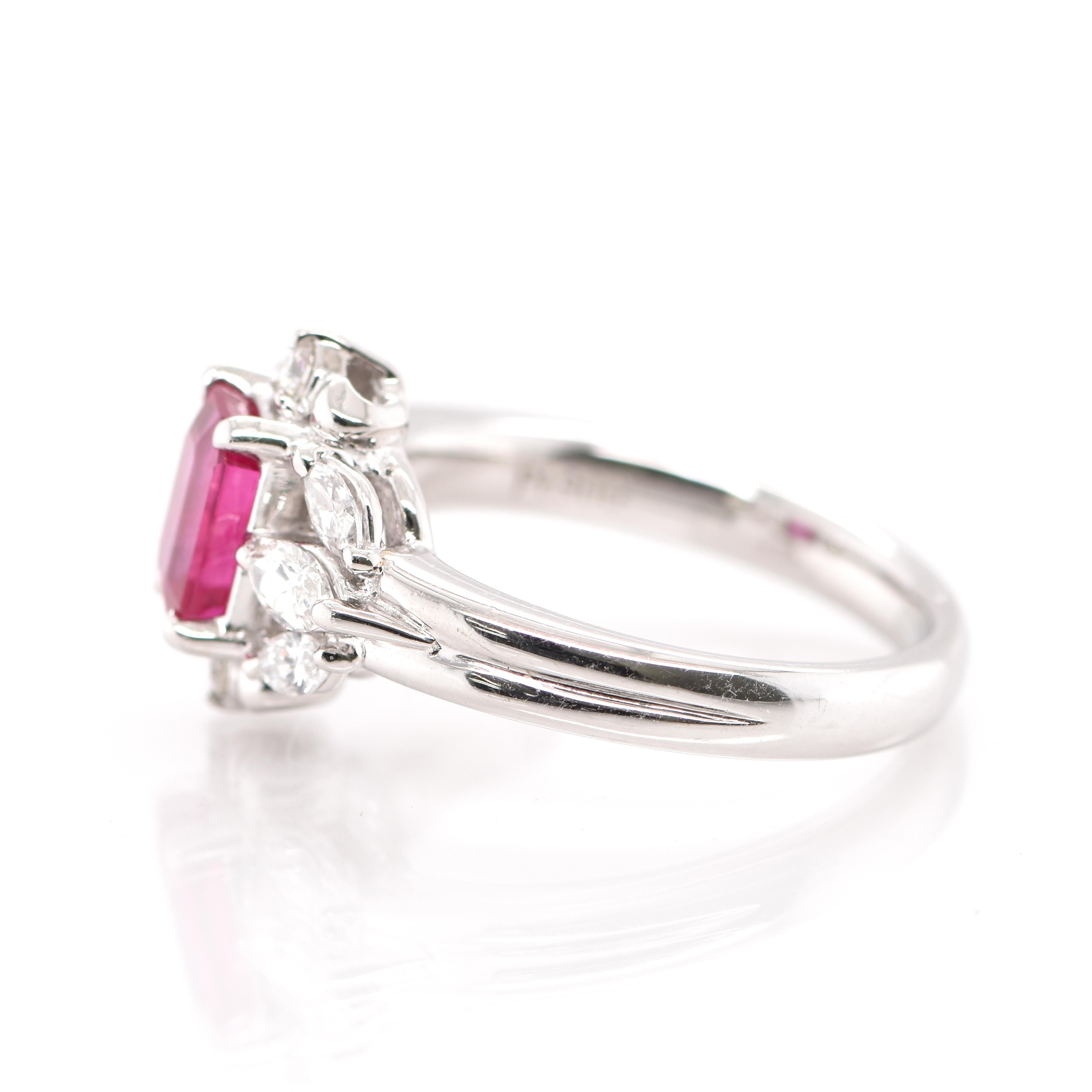 Modern 1.47 Carat Natural Octagon-Cut Ruby and Diamond Ring Set in Platinum For Sale