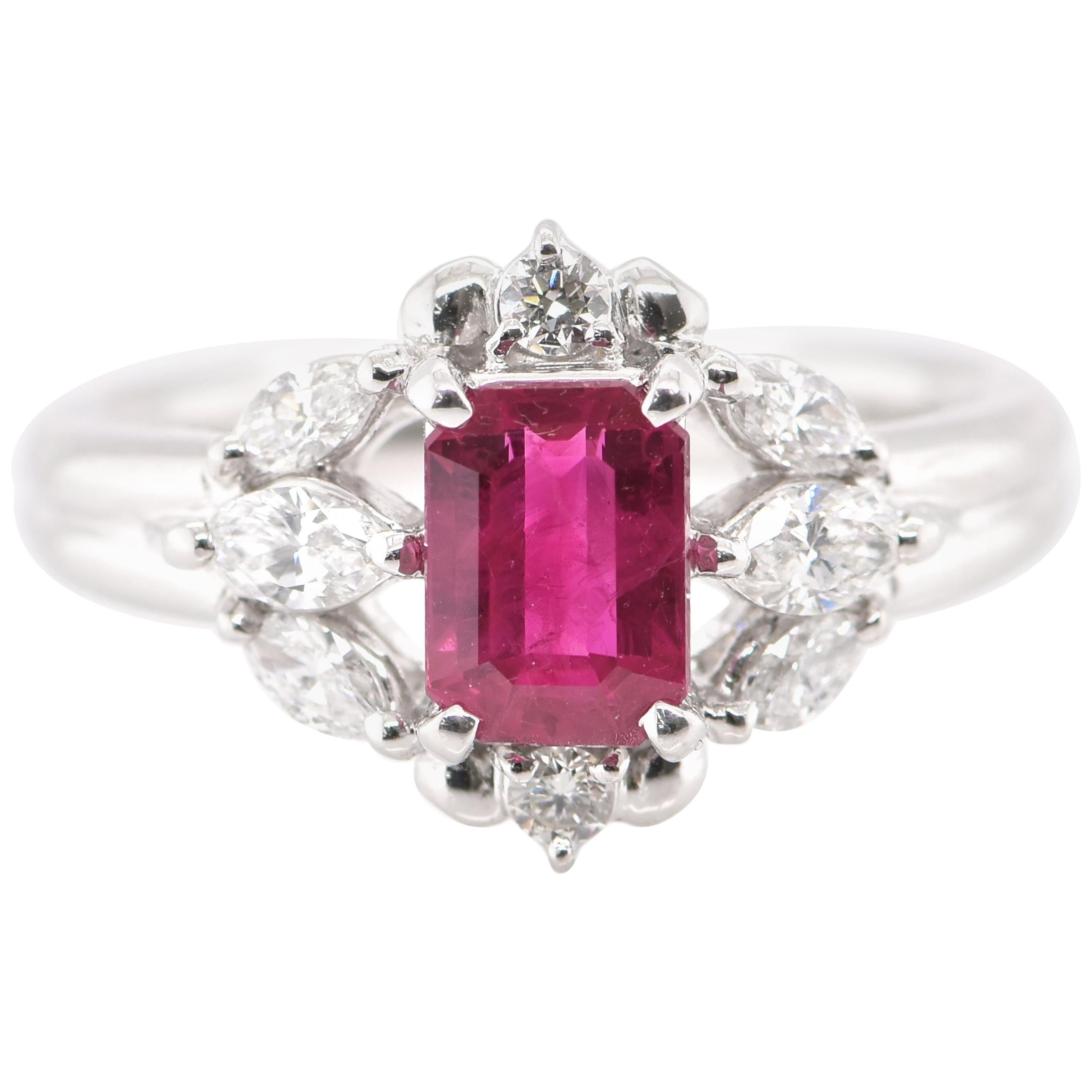 1.47 Carat Natural Octagon-Cut Ruby and Diamond Ring Set in Platinum For Sale