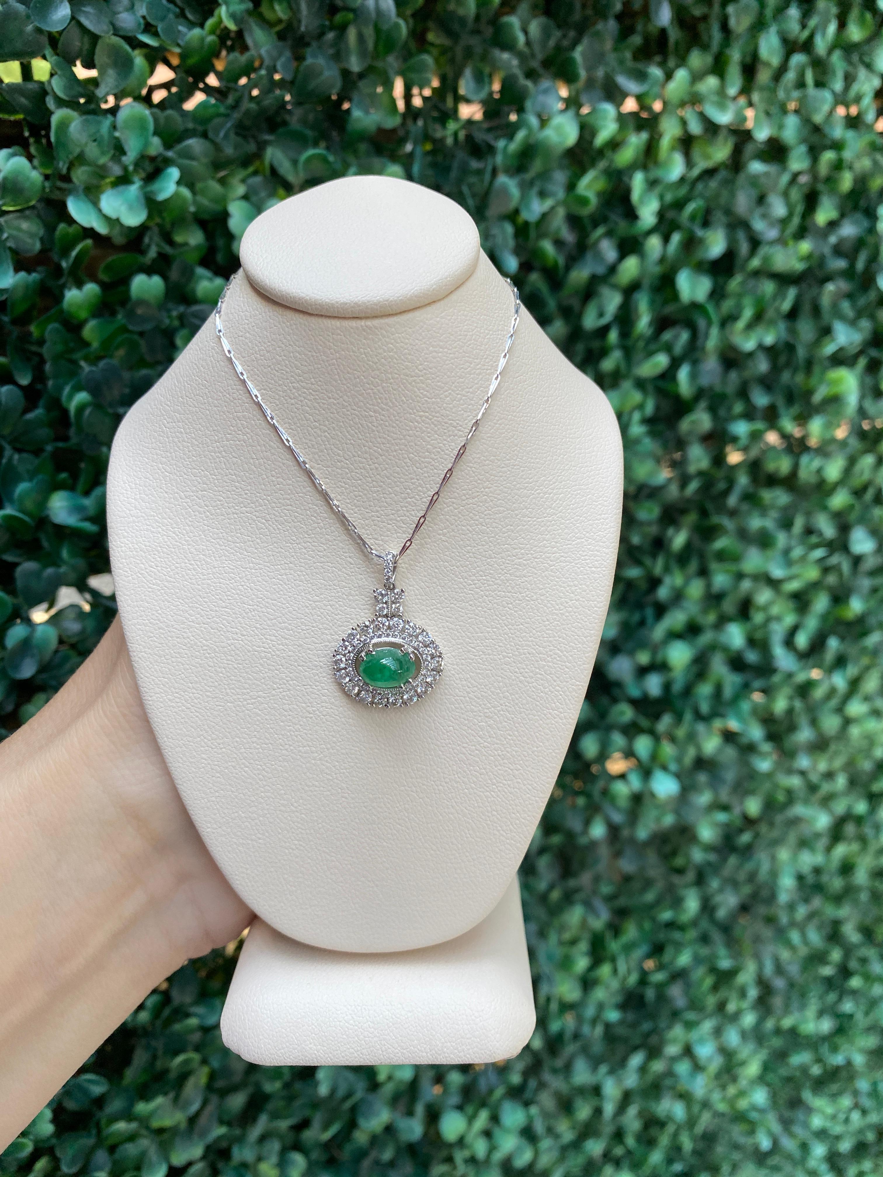 Oval Cut 1.47 Carat Oval Cabachon Emerald with 0.90ctw Accent Diamonds Pendant Necklace For Sale