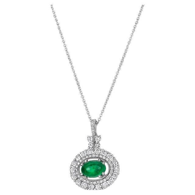 1.47 Carat Oval Cabachon Emerald with 0.90ctw Accent Diamonds Pendant Necklace For Sale