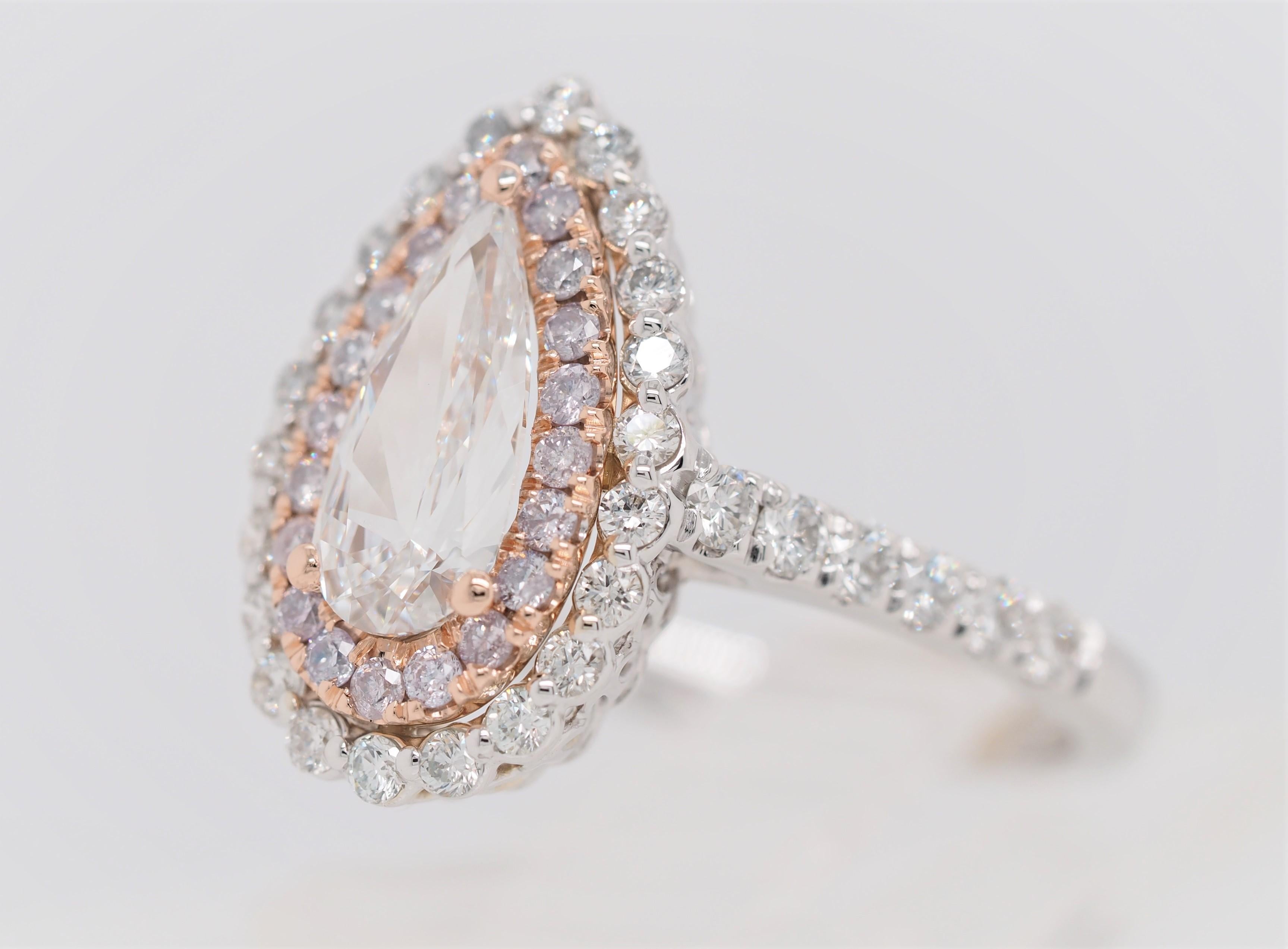 0.70 Carat Pear Diamond Double Halo Engagement Ring with Natural Pink Diamonds In New Condition In Addison, TX