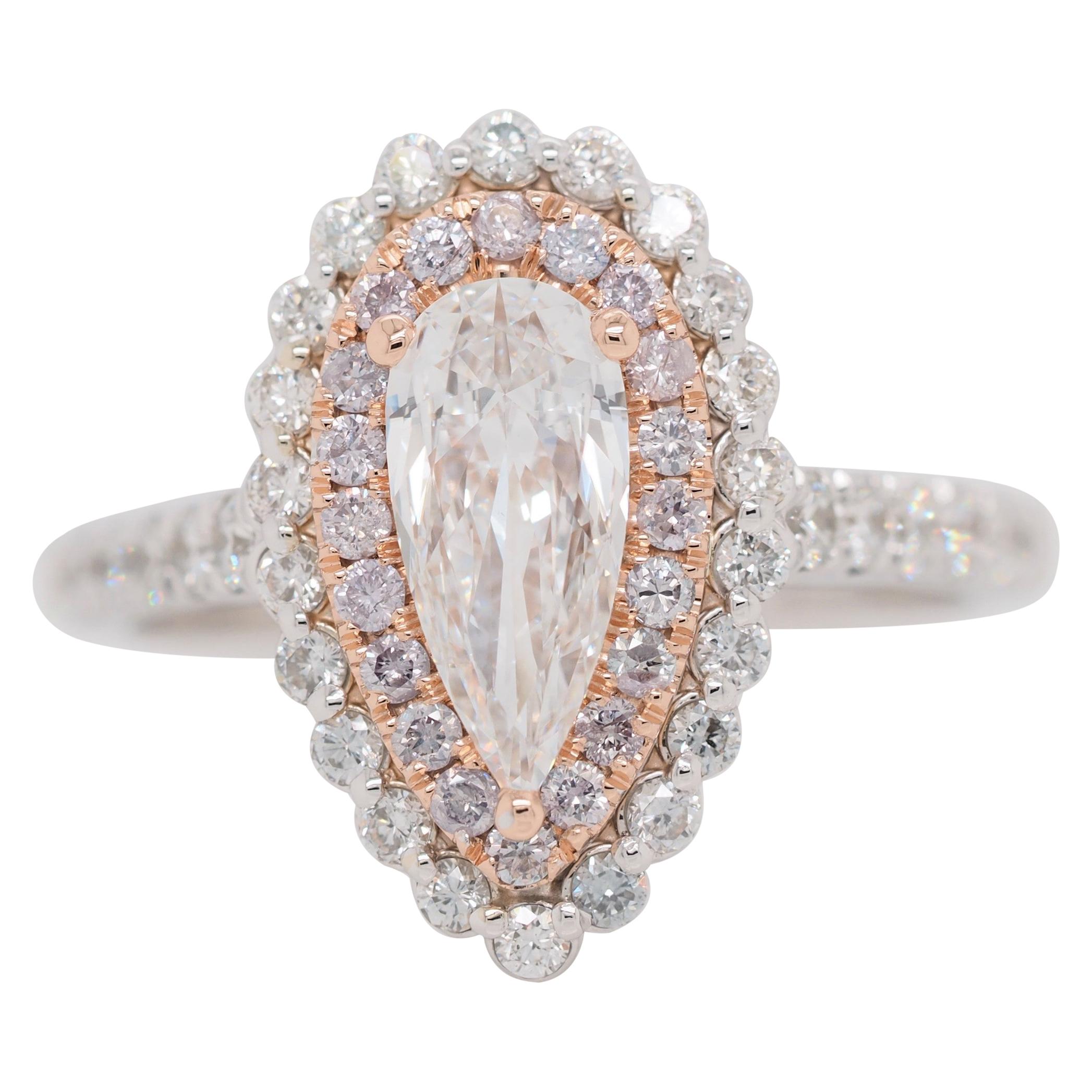 0.70 Carat Pear Diamond Double Halo Engagement Ring with Natural Pink Diamonds