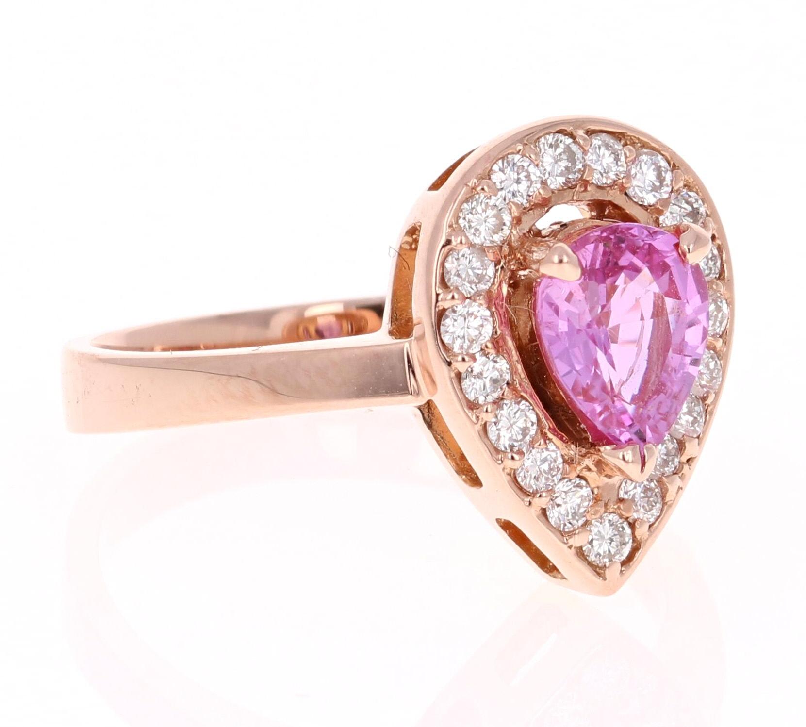 Cute Pink Sapphire and Diamond Ring! Can be an everyday ring or a unique Engagement Ring!

This beautiful ring has a Pear Cut Pink Sapphire that weights 1.11 Carats. 

The ring is embellished with 19 Round Cut Diamonds that weigh 0.36 Carats with a